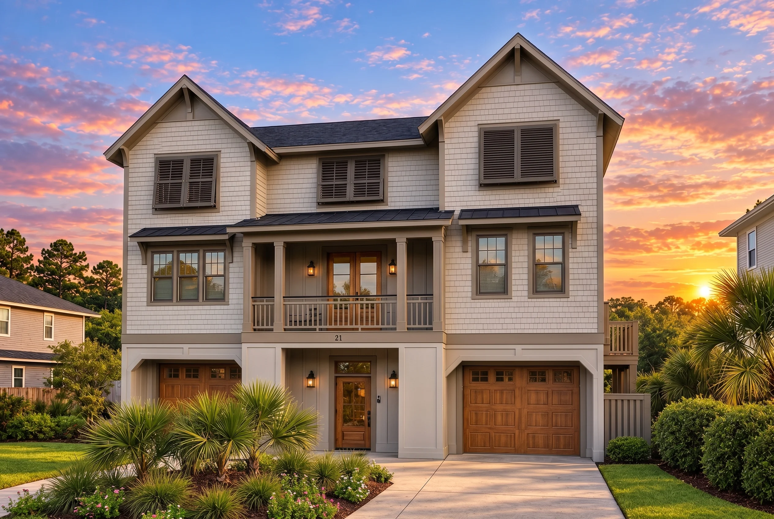 Plan  12-1075 – Pecan Creek Estate |  Coastal – 5-Bed, 2-Bath, 3,300 SF - Mushroom Taupe, AI-generated exterior concept