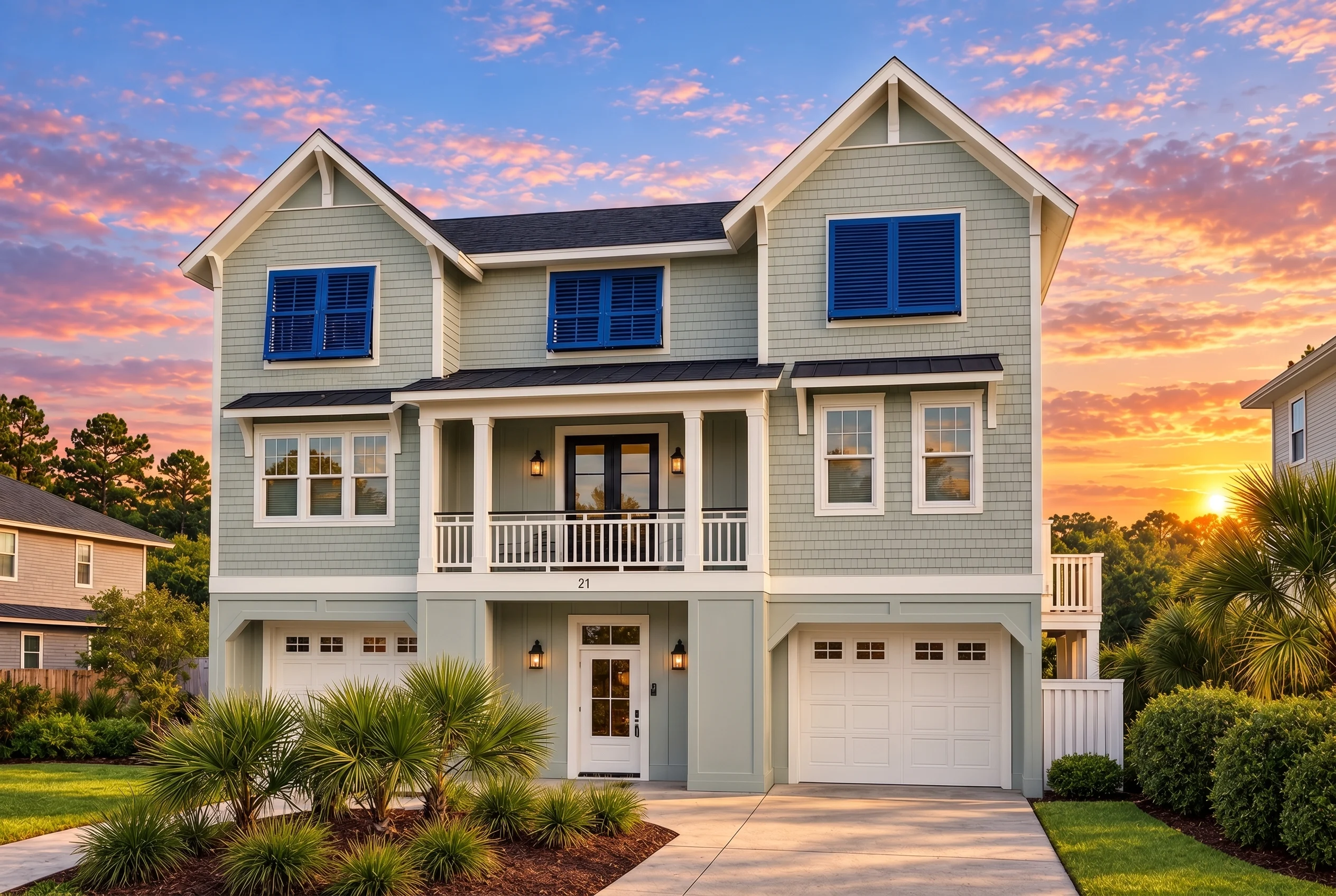 Plan  12-1075 – Pecan Creek Estate |  Coastal – 5-Bed, 2-Bath, 3,300 SF - Muted Sage, AI-generated exterior concept