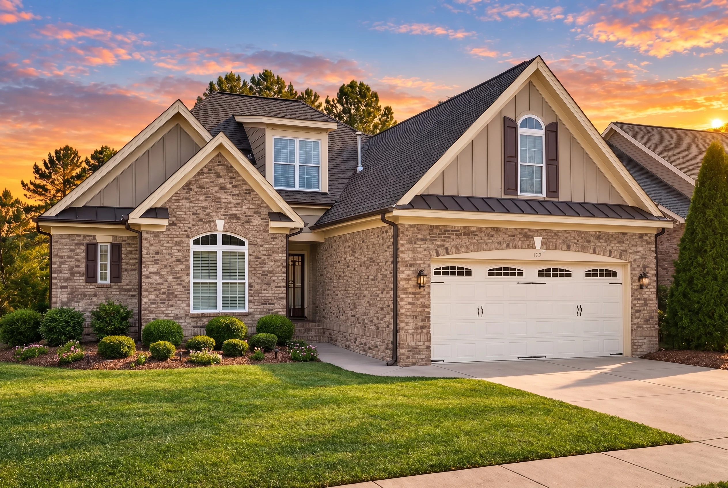 Plan  12-1074 – Auburn Landing Haven  | New American – 5-Bed, 4-Bath, 2,899 SF - Natural Brick, AI-generated exterior concept
