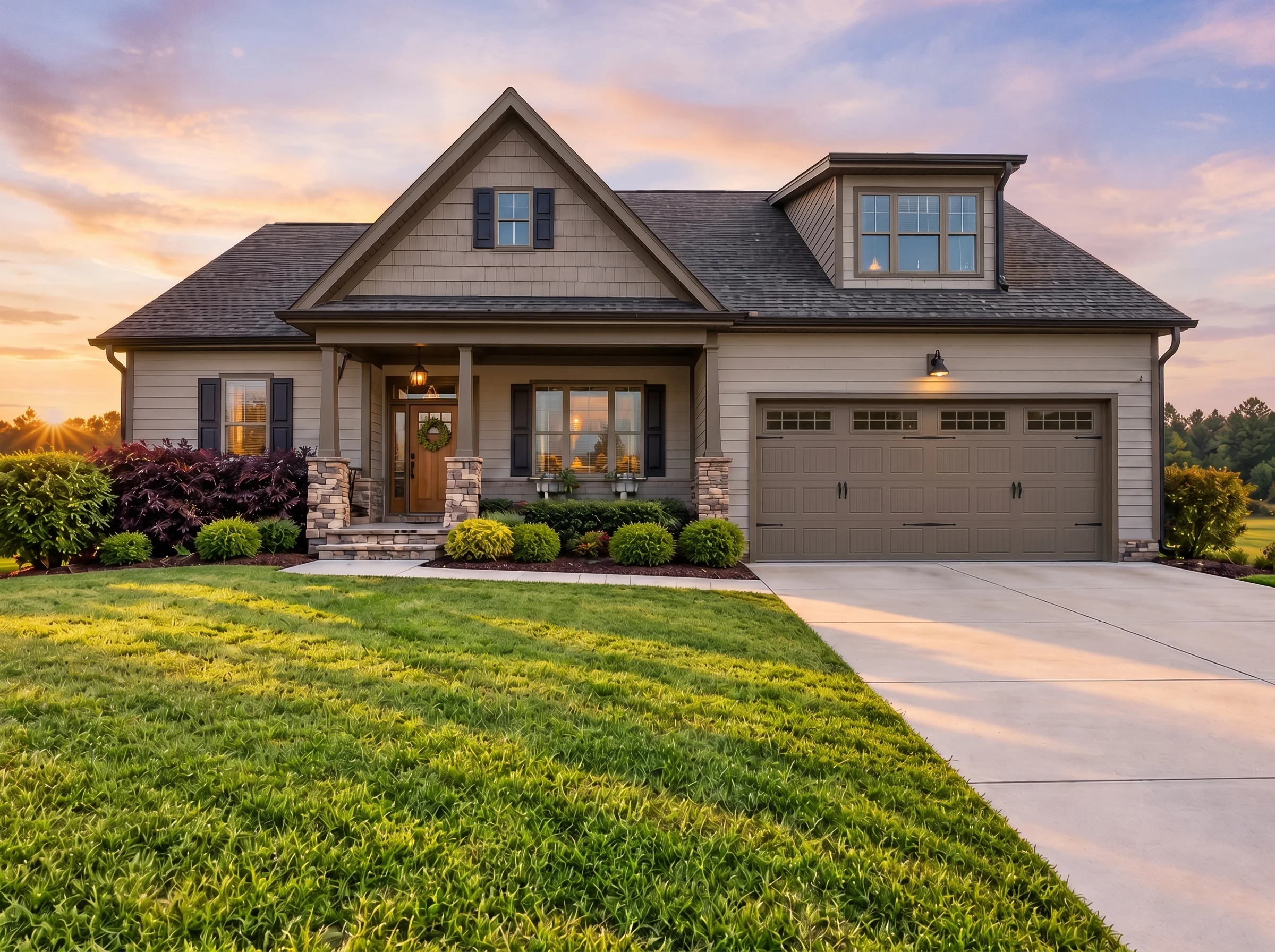 Plan  12-1045 – Utah River | Modern  Farmhouse – 4-Bed, 3-Bath, 2,408 SF - Mushroom Taupe, AI-generated exterior concept