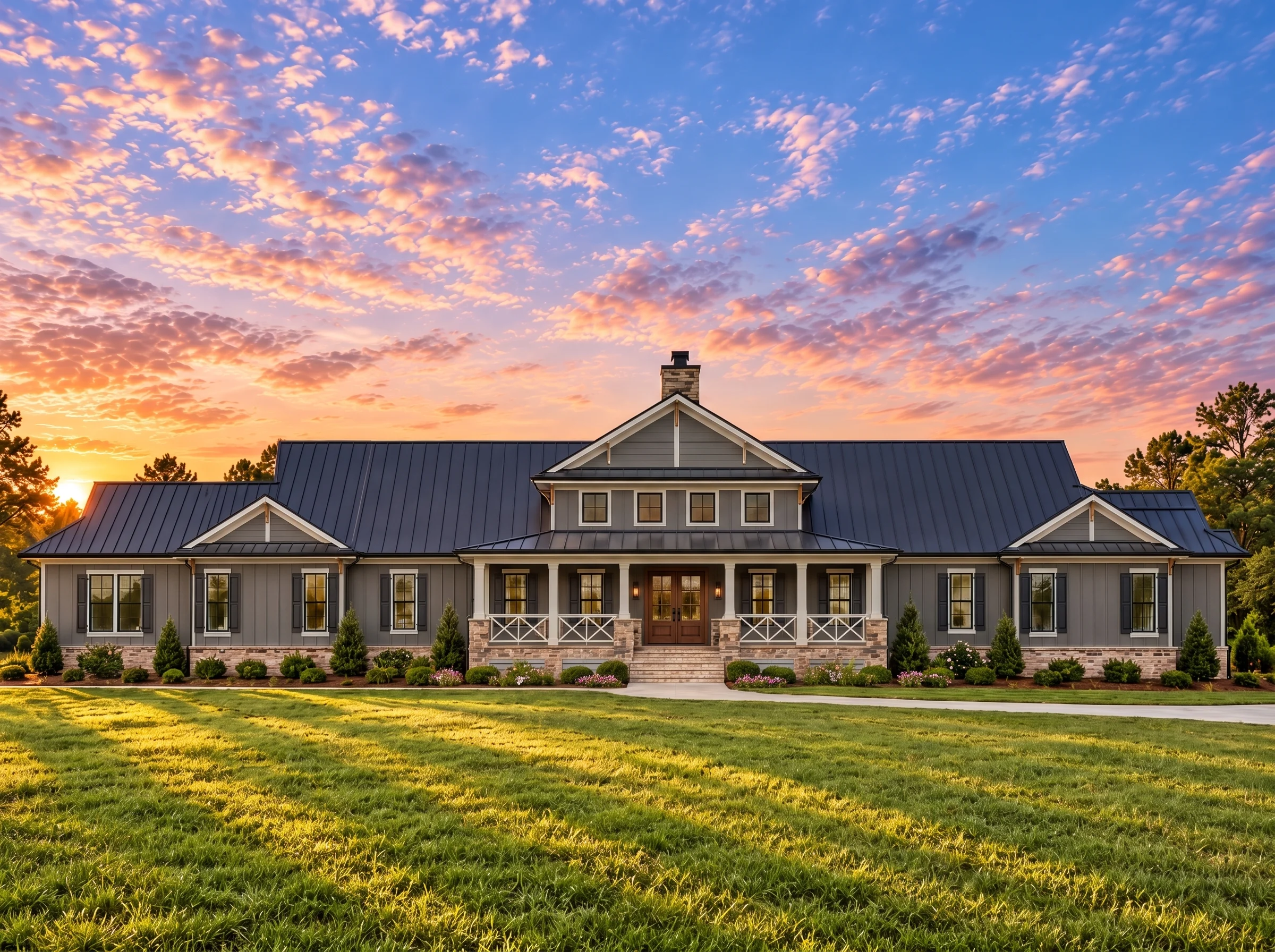 Plan  12-1041 – Aster Lane Homestead  | Southern Farmhouse – 6-Bed, 4.5-Bath, 3,956 SF - Warm Charcoal, AI-generated exterior concept