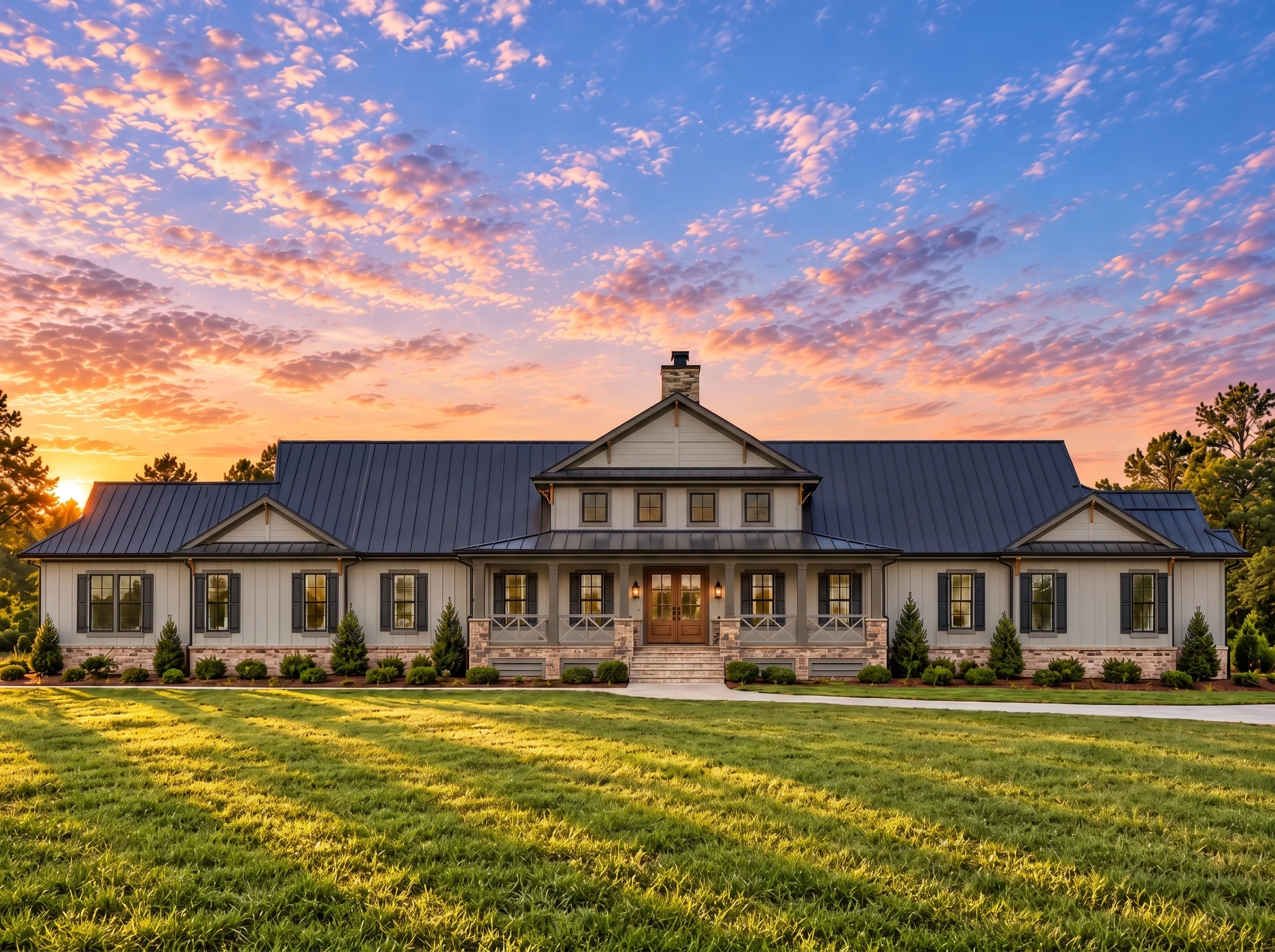 Plan  12-1041 – Aster Lane Homestead  | Southern Farmhouse – 6-Bed, 4.5-Bath, 3,956 SF - Mushroom Taupe, AI-generated exterior concept