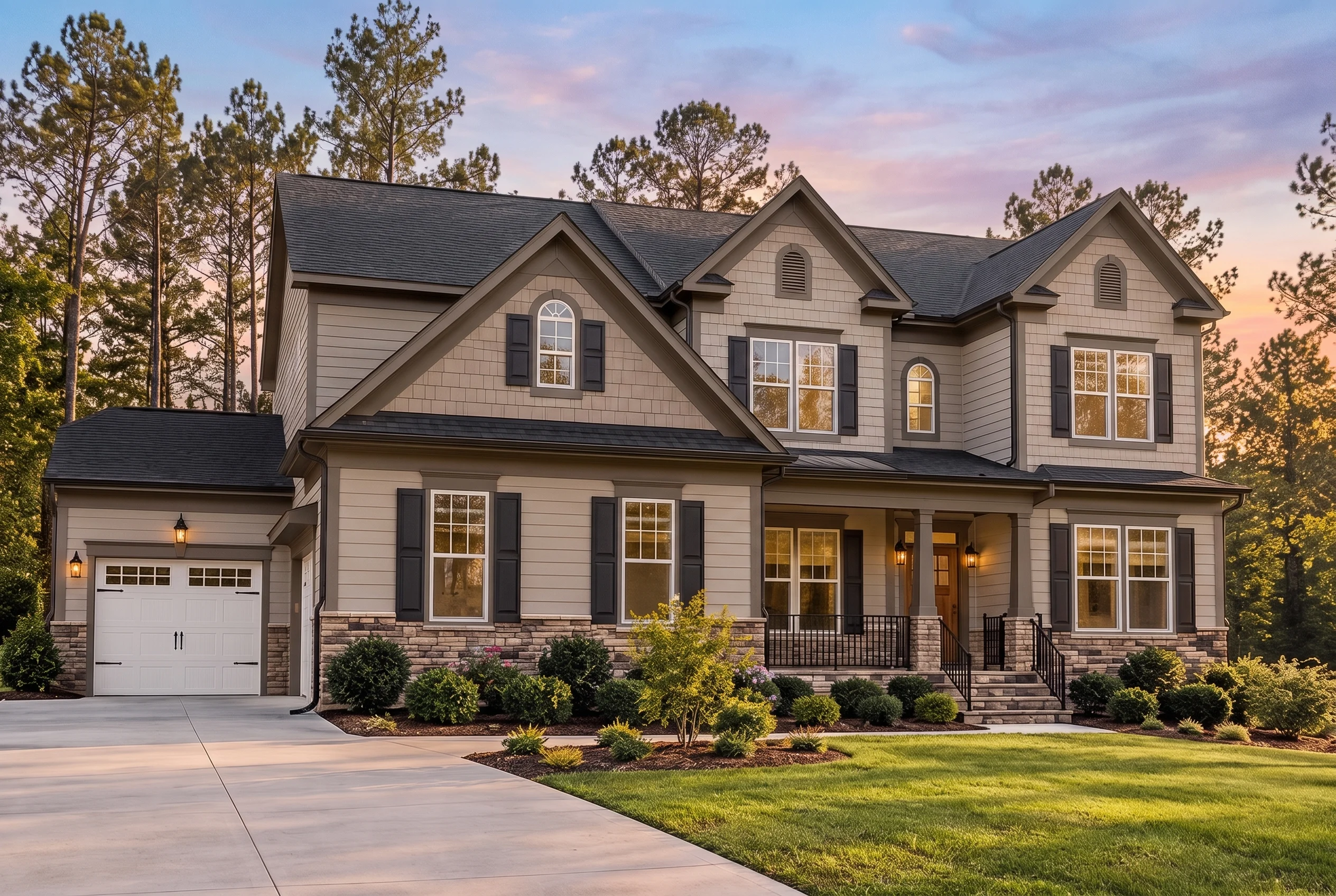 Plan  11-BELLA – Aster Brook Haven |  New American – 4-Bed, 4.5-Bath, 3,427 SF - Mushroom Taupe, AI-generated exterior concept