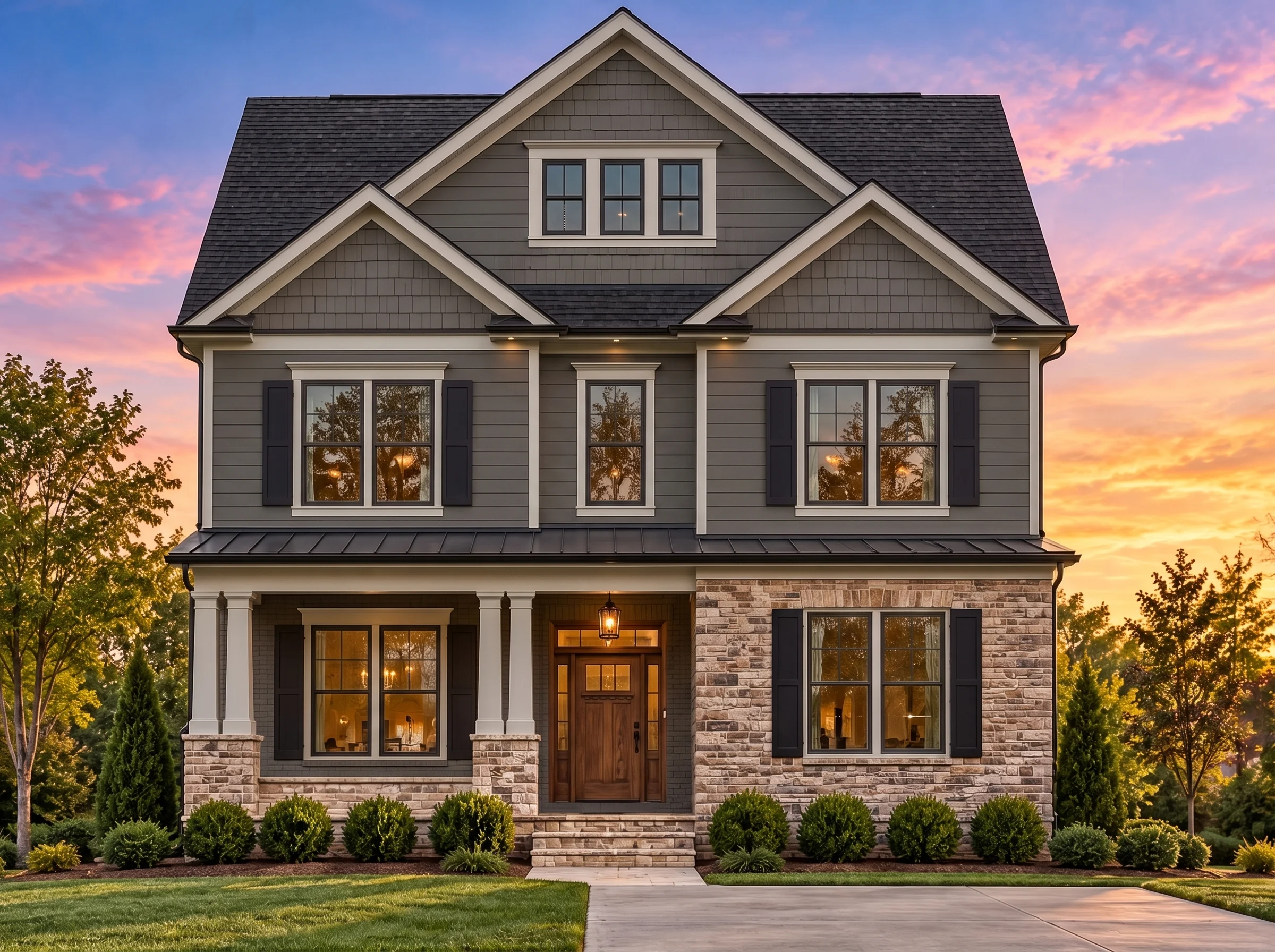 Plan  11-2078 – Fern Brook Cottage |  New American – 3-Bed, 4.5-Bath, 3,143 SF - Warm Charcoal, AI-generated exterior concept