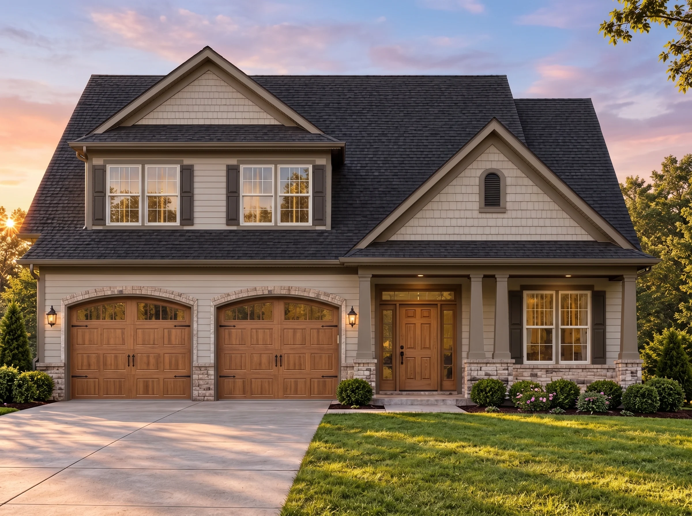 Plan  11-2080 – Ivy Valley Homestead  | Traditional – 3-Bed, 2-Bath, 2,592 SF - Mushroom Taupe, AI-generated exterior concept