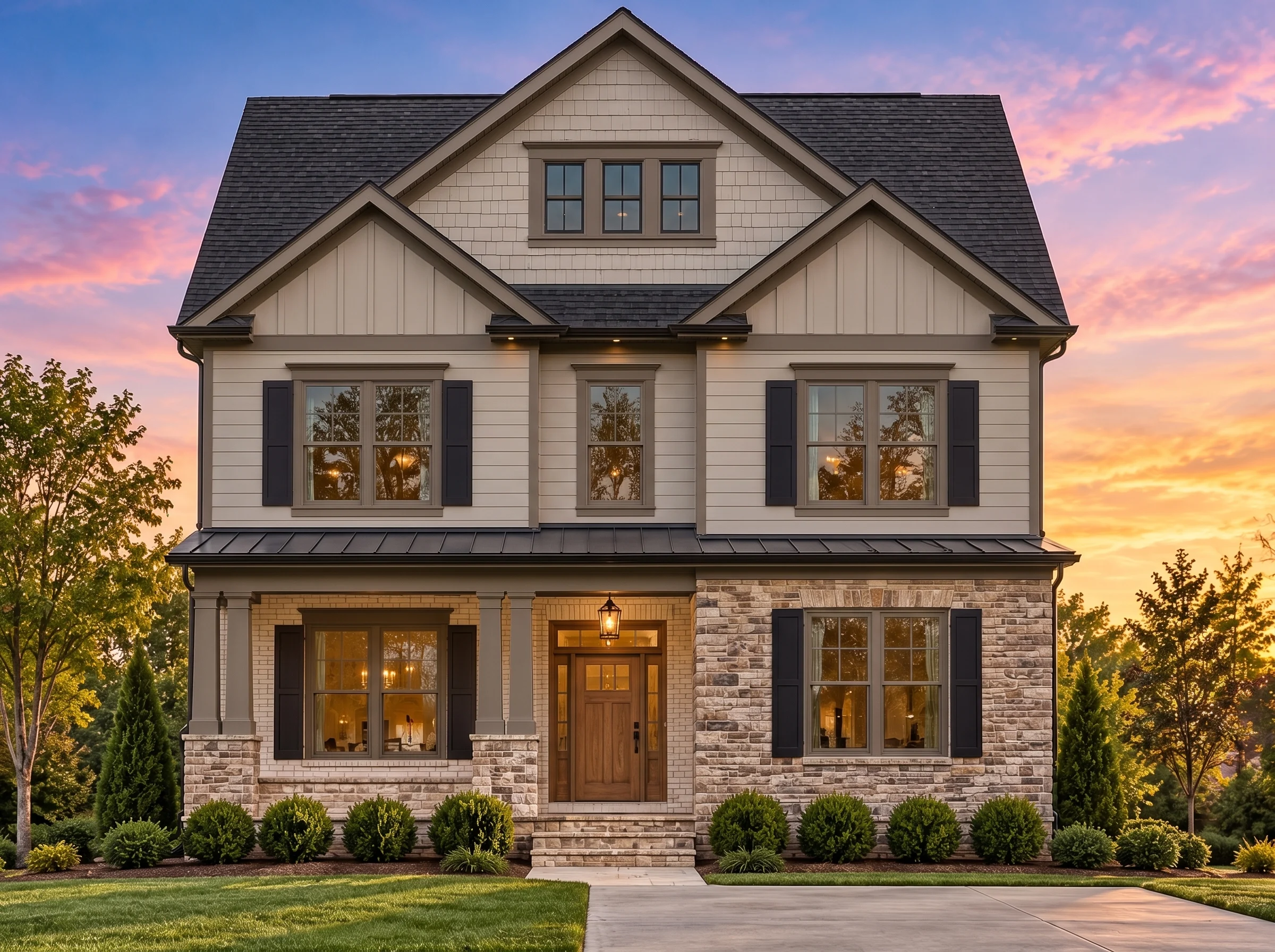 Plan  11-2078 – Fern Brook Cottage |  New American – 3-Bed, 4.5-Bath, 3,143 SF - Mushroom Taupe, AI-generated exterior concept