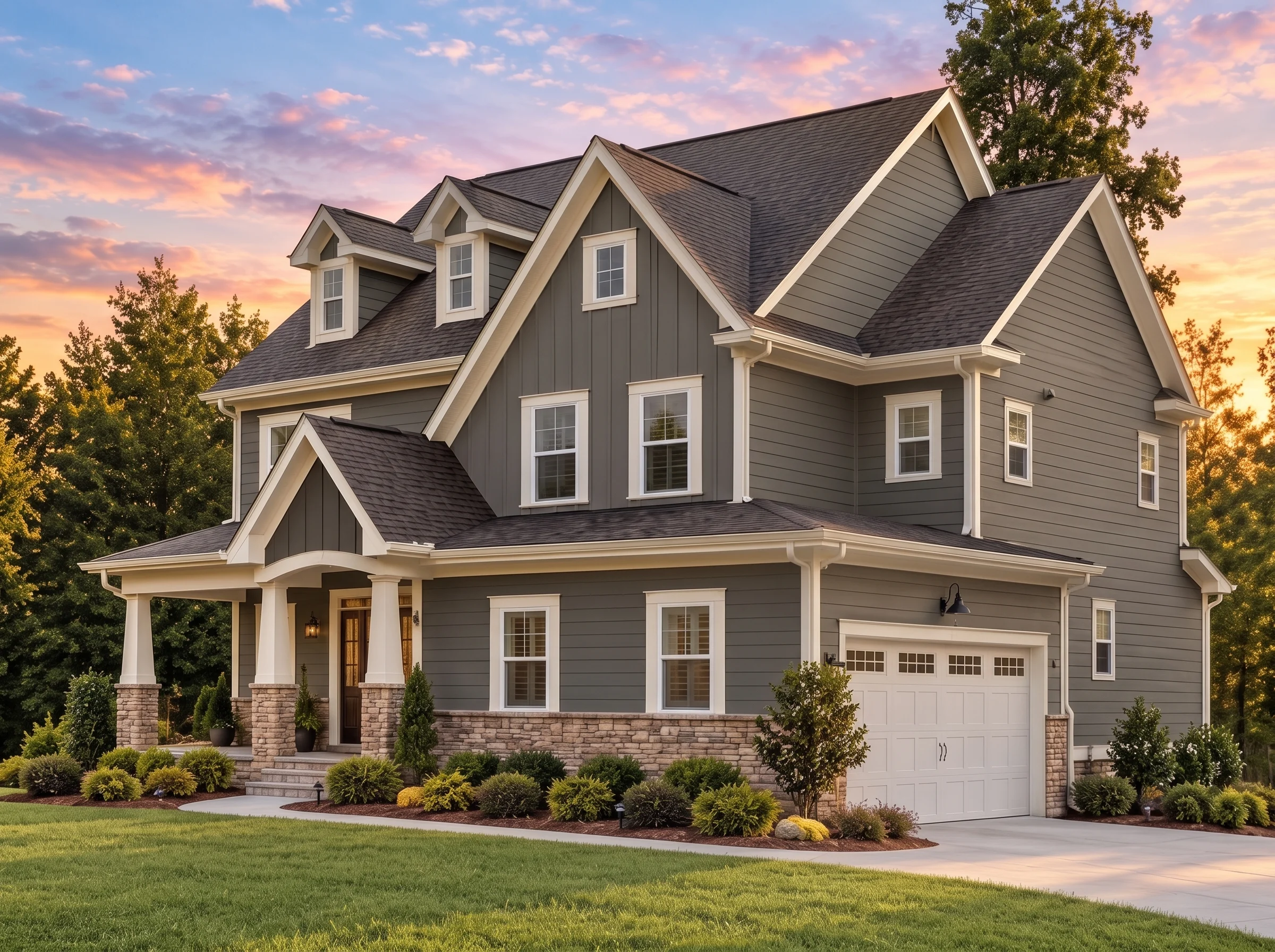 Plan  11-2038 – Aster Bend Lodge |  New American – 5-Bed, 5-Bath, 3,143 SF - Warm Charcoal, AI-generated exterior concept