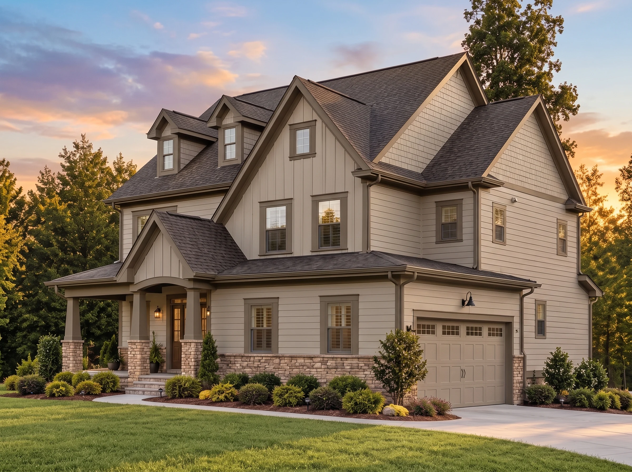 Plan  11-2038 – Aster Bend Lodge |  New American – 5-Bed, 5-Bath, 3,143 SF - Mushroom Taupe, AI-generated exterior concept