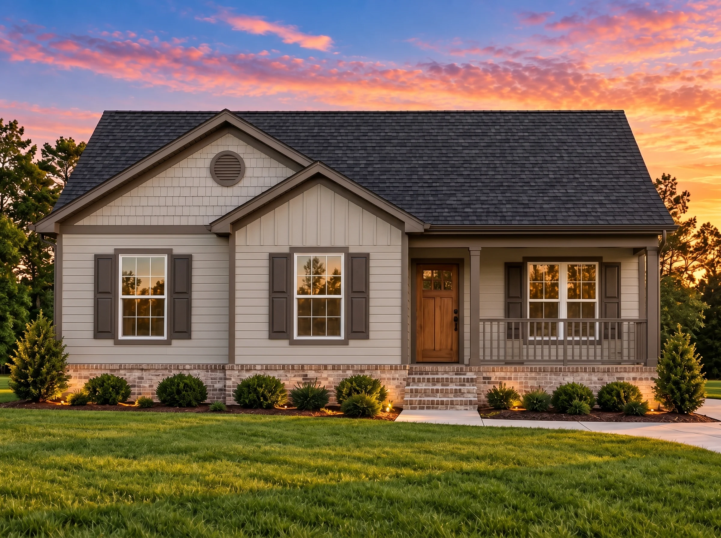 Plan  11-2020 – Ash Point Pavilion |  Traditional Ranch – 5-Bed, 2-Bath, 1,459 SF - Mushroom Taupe, AI-generated exterior concept