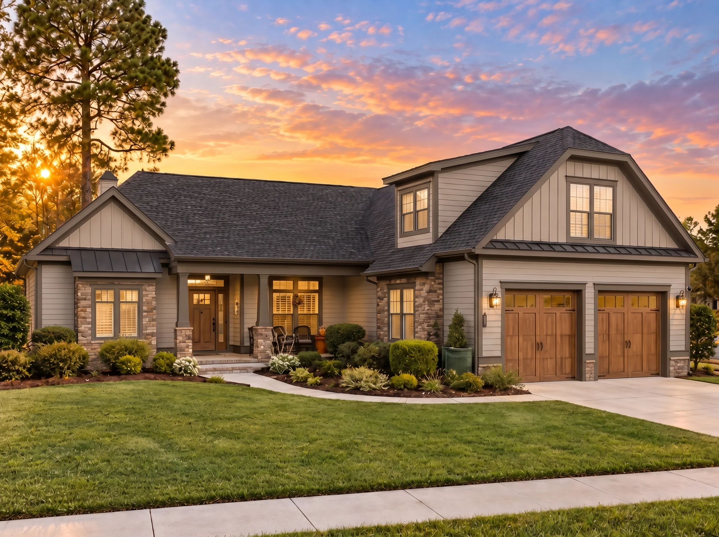 Plan  11-2027 – Arc Pavilion | New  American – 5-Bed, 3.5-Bath, 2,959 SF - Mushroom Taupe, AI-generated exterior concept