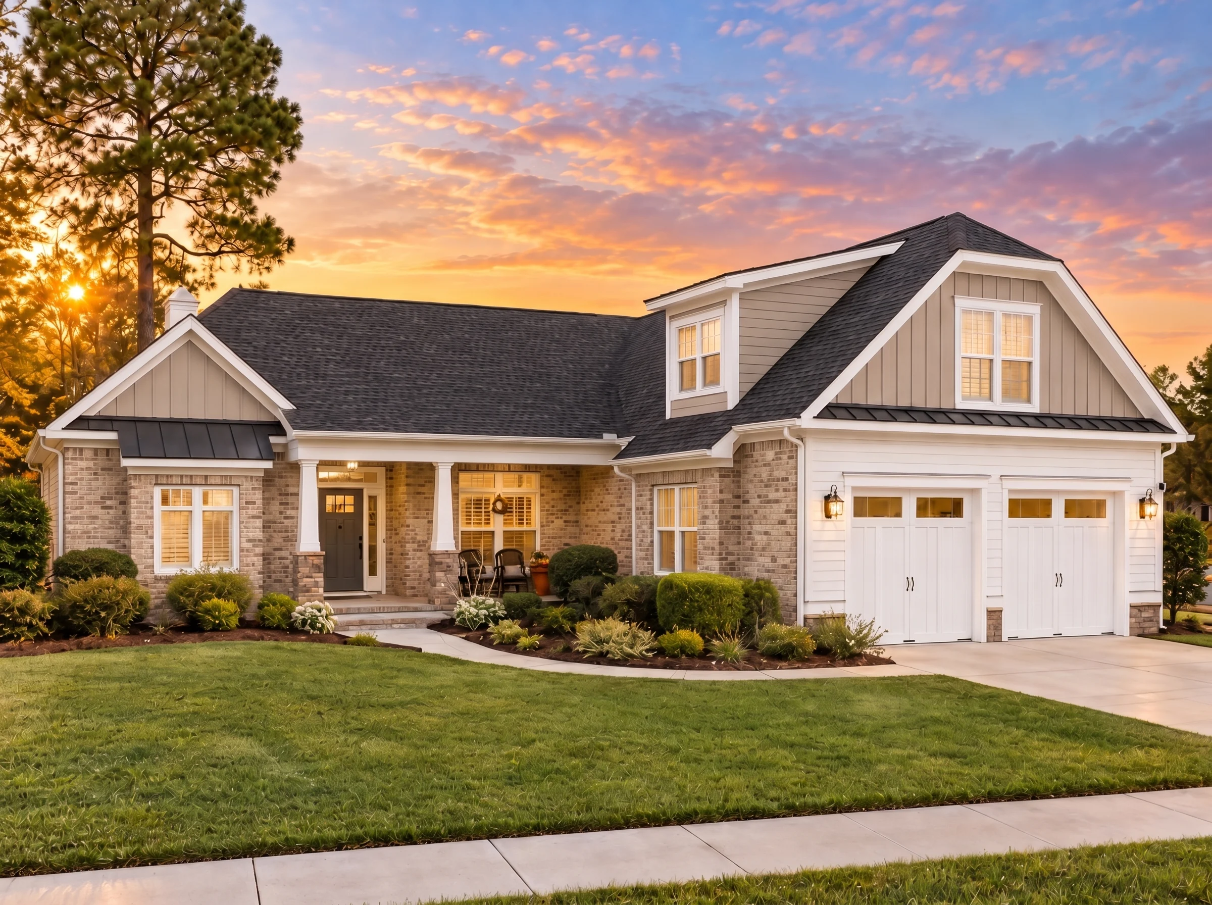 Plan  11-2027 – Arc Pavilion | New  American – 5-Bed, 3.5-Bath, 2,959 SF - Natural Brick, AI-generated exterior concept