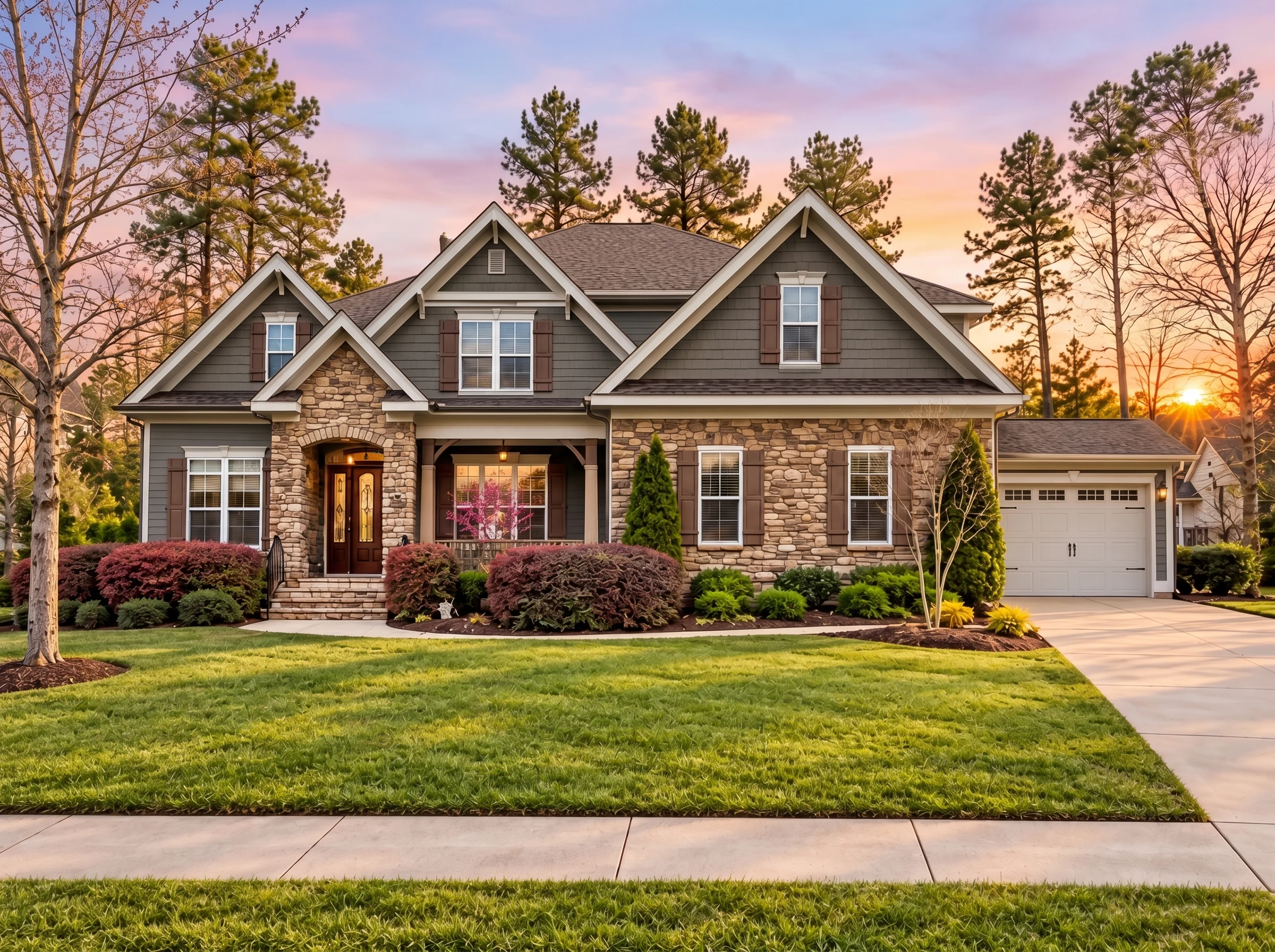 Plan  11-2007 – Auburn Trail Estate  | New American – 5-Bed, 5-Bath, 3,988 SF - Warm Charcoal, AI-generated exterior concept