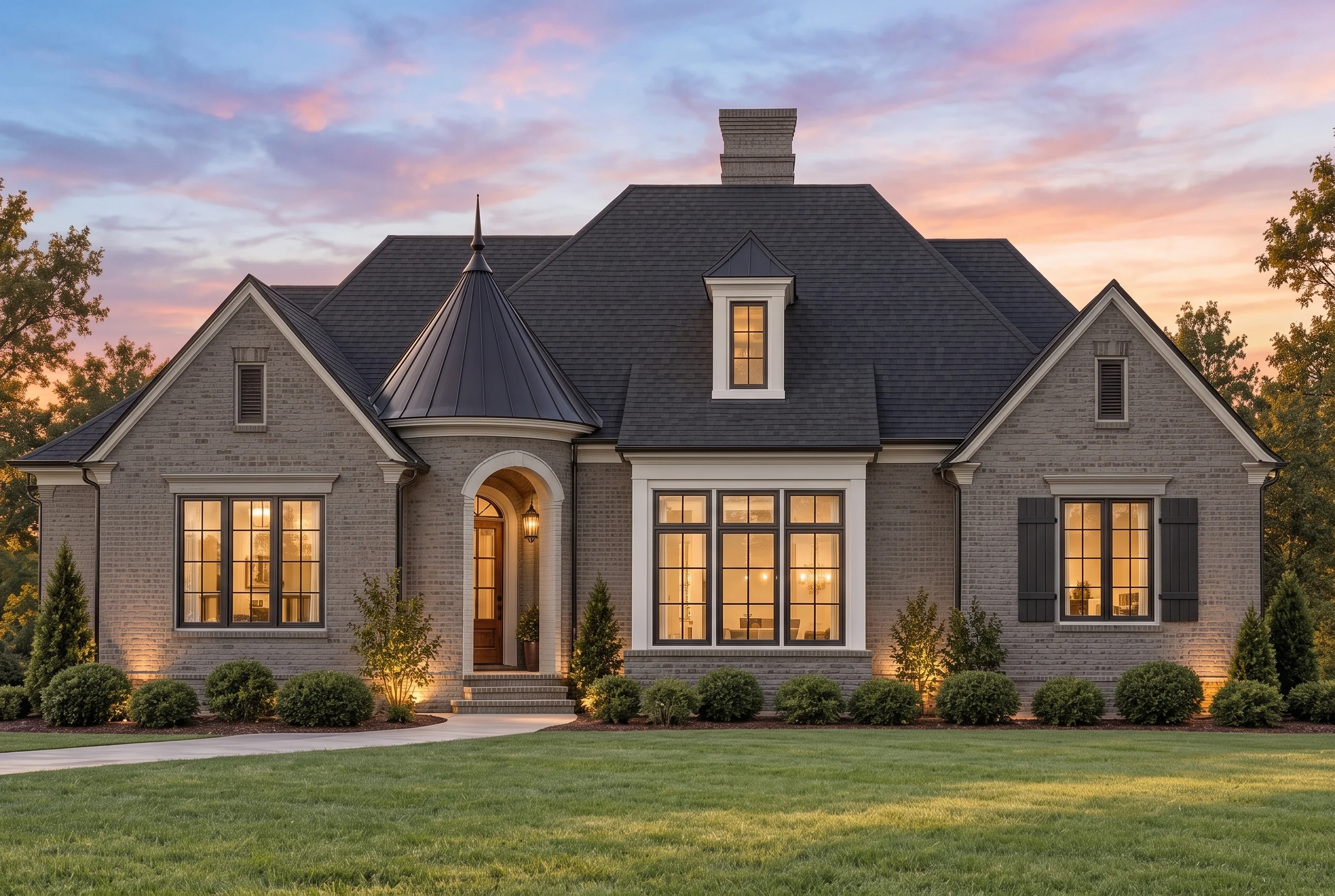 Plan  11-1996 – Georgia Plateau |  Tudor Revival – 3-Bed, 2.5-Bath, 2,707 SF - Warm Charcoal, AI-generated exterior concept