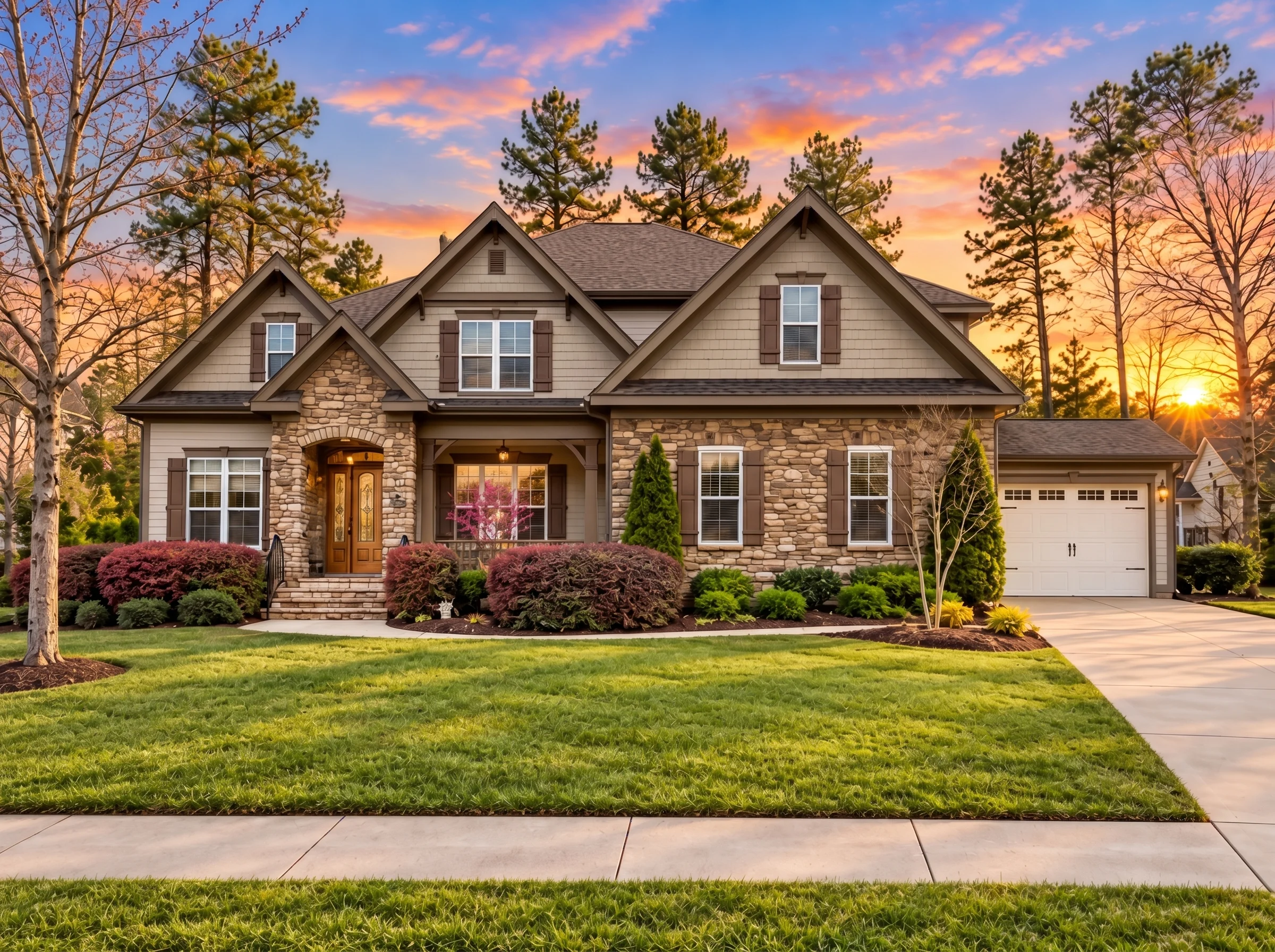 Plan  11-2007 – Auburn Trail Estate  | New American – 5-Bed, 5-Bath, 3,988 SF - Mushroom Taupe, AI-generated exterior concept