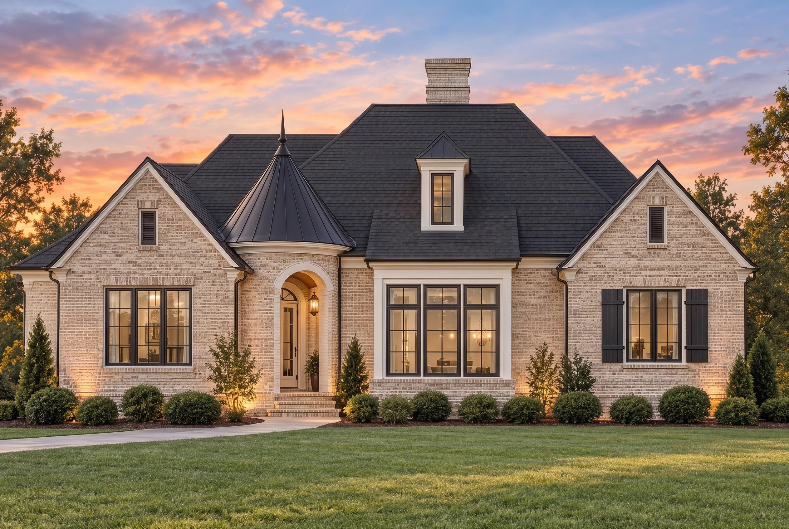 Plan  11-1996 – Georgia Plateau |  Tudor Revival – 3-Bed, 2.5-Bath, 2,707 SF - Natural Brick, AI-generated exterior concept