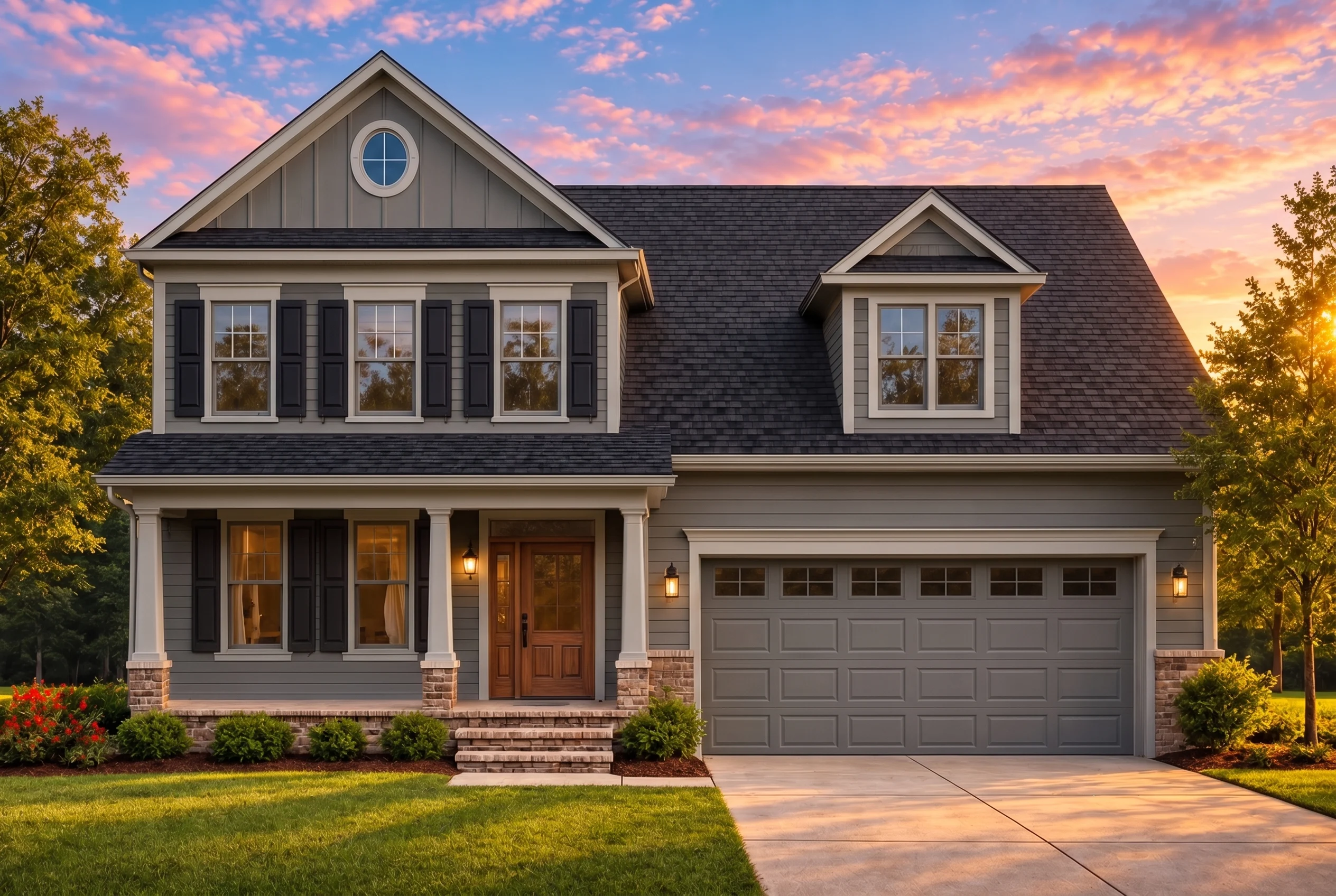 Plan  11-1985 – Nebraska Ridge | New  American – 3-Bed, 3.5-Bath, 2,453 SF - Warm Charcoal, AI-generated exterior concept
