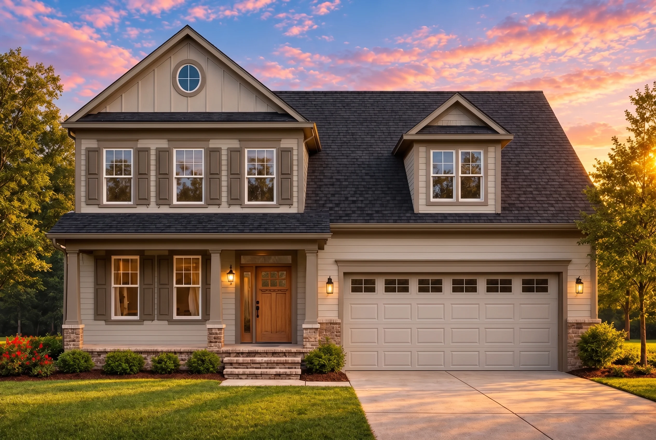 Plan  11-1985 – Nebraska Ridge | New  American – 3-Bed, 3.5-Bath, 2,453 SF - Mushroom Taupe, AI-generated exterior concept