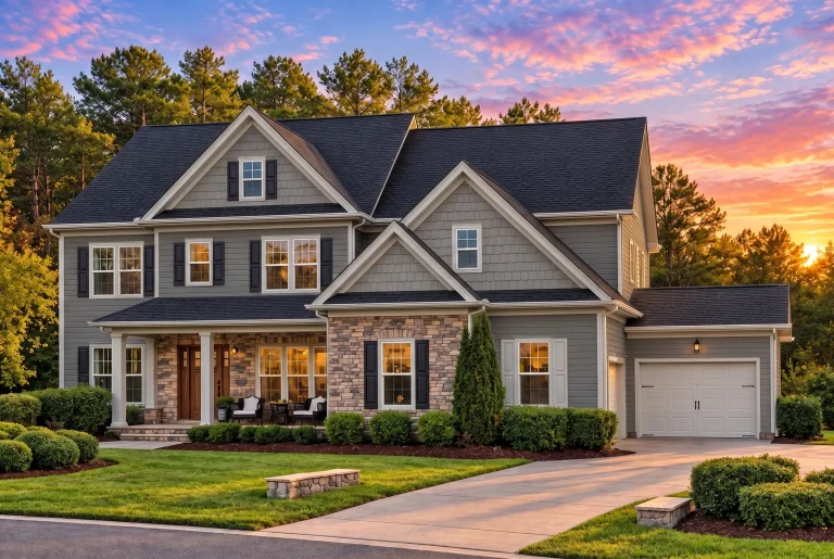 Plan  11-1970 – Oak Valley Estate |  Colonial Revival – 4-Bed, 3.5-Bath, 4,801 SF - Warm Charcoal, AI-generated exterior concept
