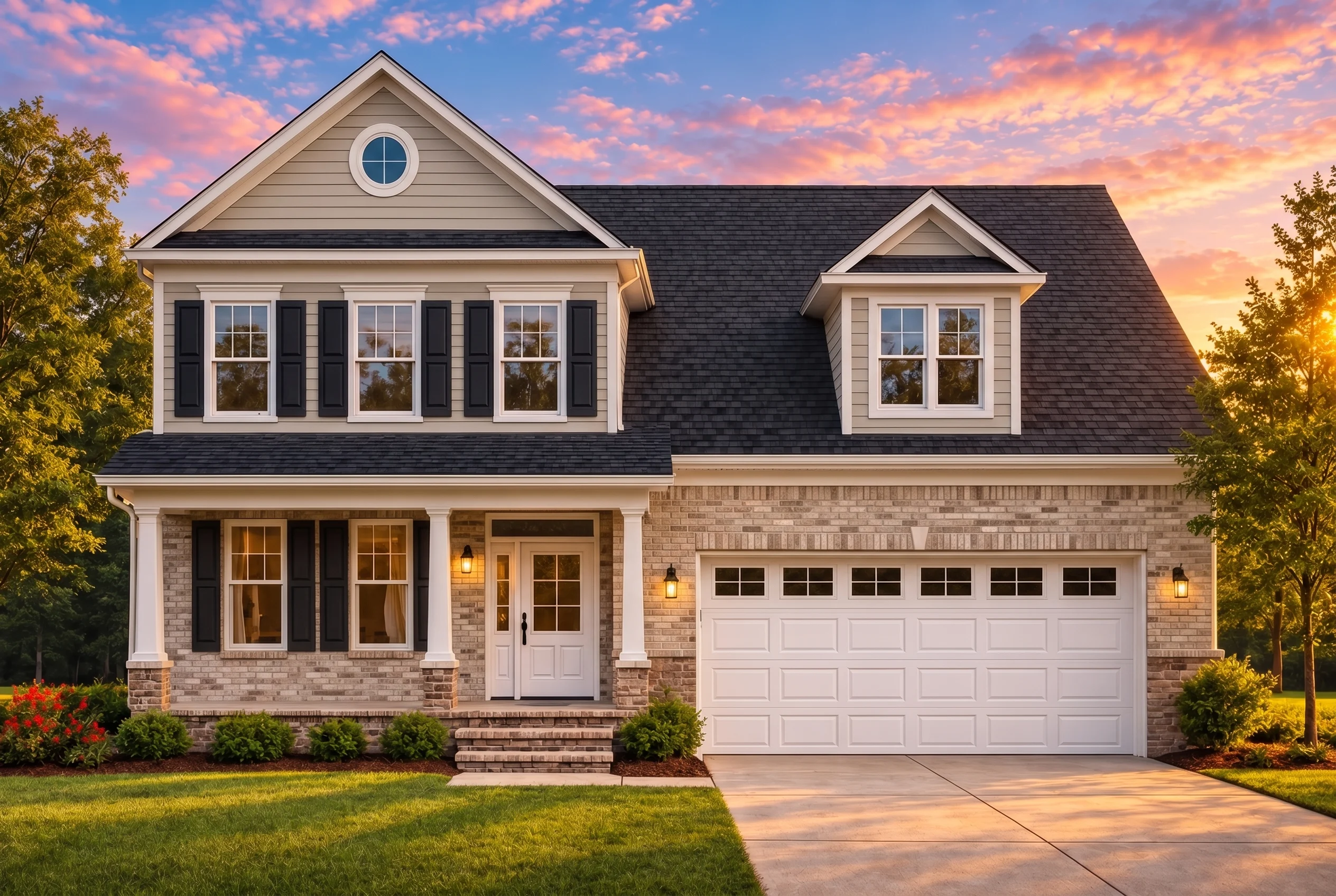 Plan  11-1985 – Nebraska Ridge | New  American – 3-Bed, 3.5-Bath, 2,453 SF - Natural Brick, AI-generated exterior concept