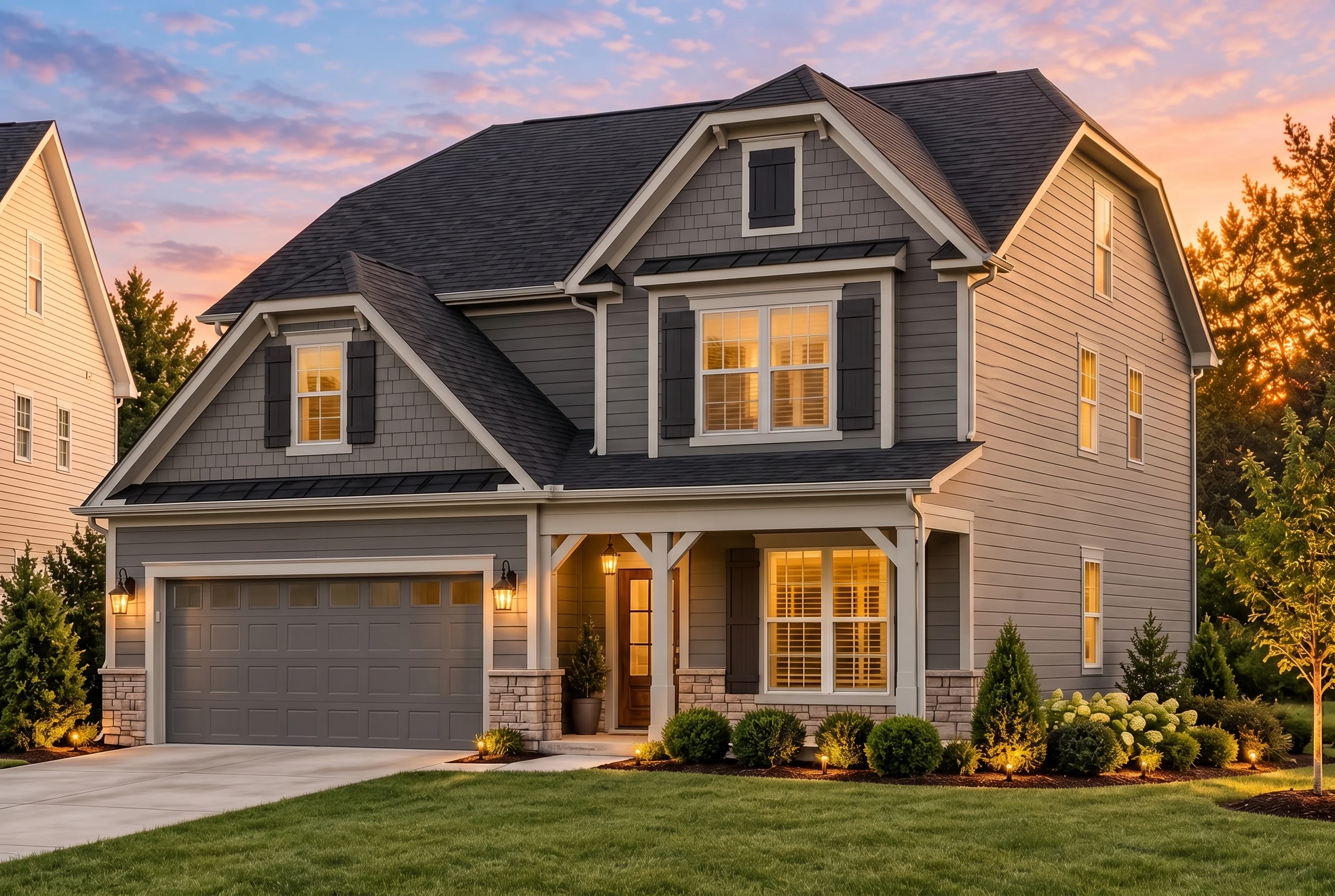 Plan  12-1091 – Aster Trail Villa |  New American – 3-Bed, 3.5-Bath, 2,292 SF - Warm Charcoal, AI-generated exterior concept