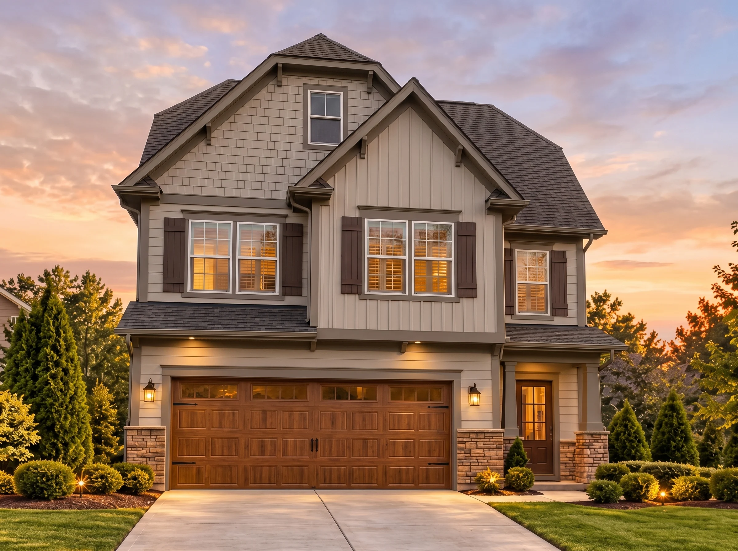 Plan  12-1094 – Aster Bridge Place |  Traditional Colonial – 4-Bed, 4-Bath, 2,335 SF - Mushroom Taupe, AI-generated exterior concept