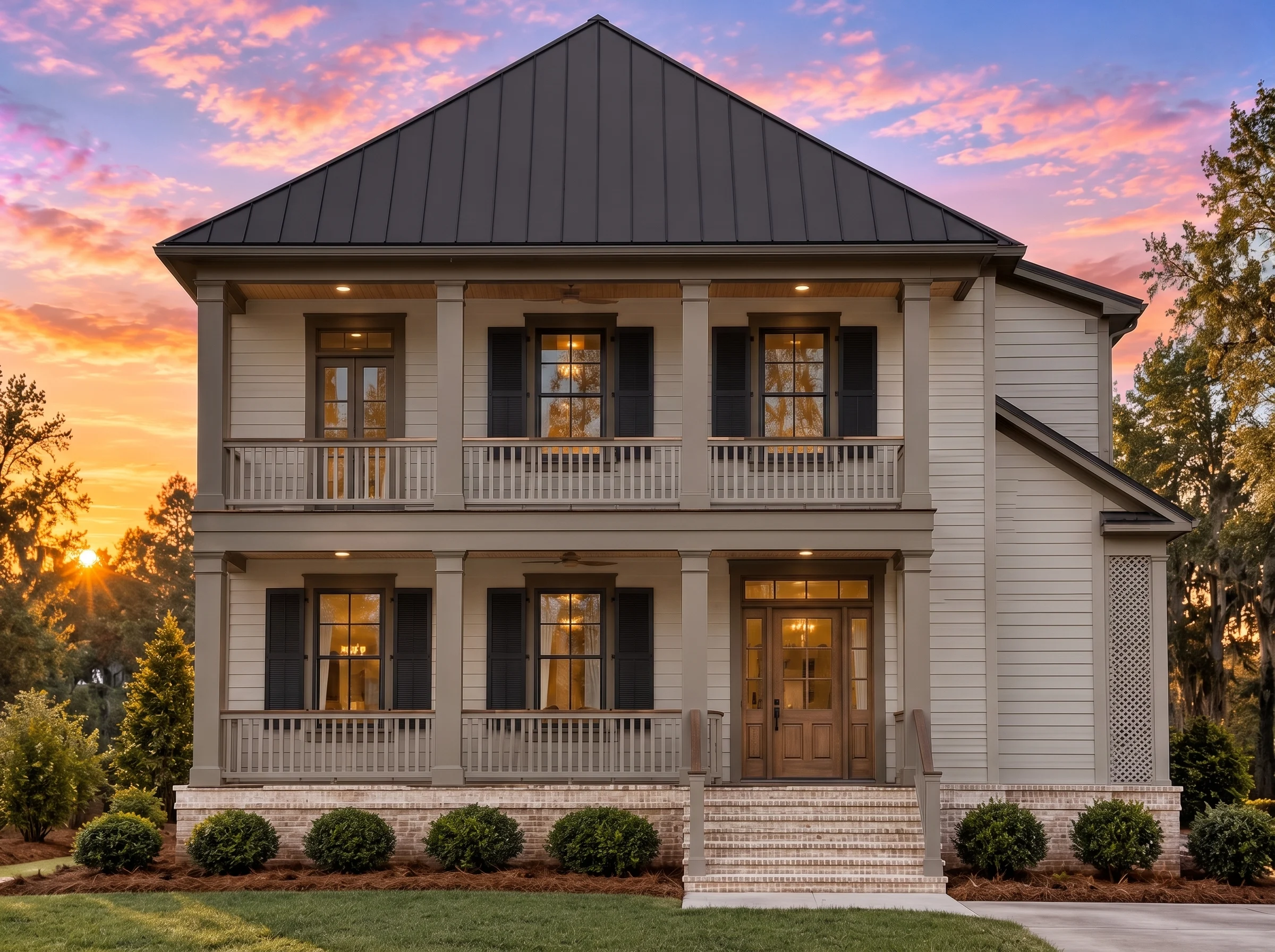 Plan  12-1099 – Walnut Brook Retreat  | Colonial – 3-Bed, 4-Bath, 2,740 SF - Mushroom Taupe, AI-generated exterior concept