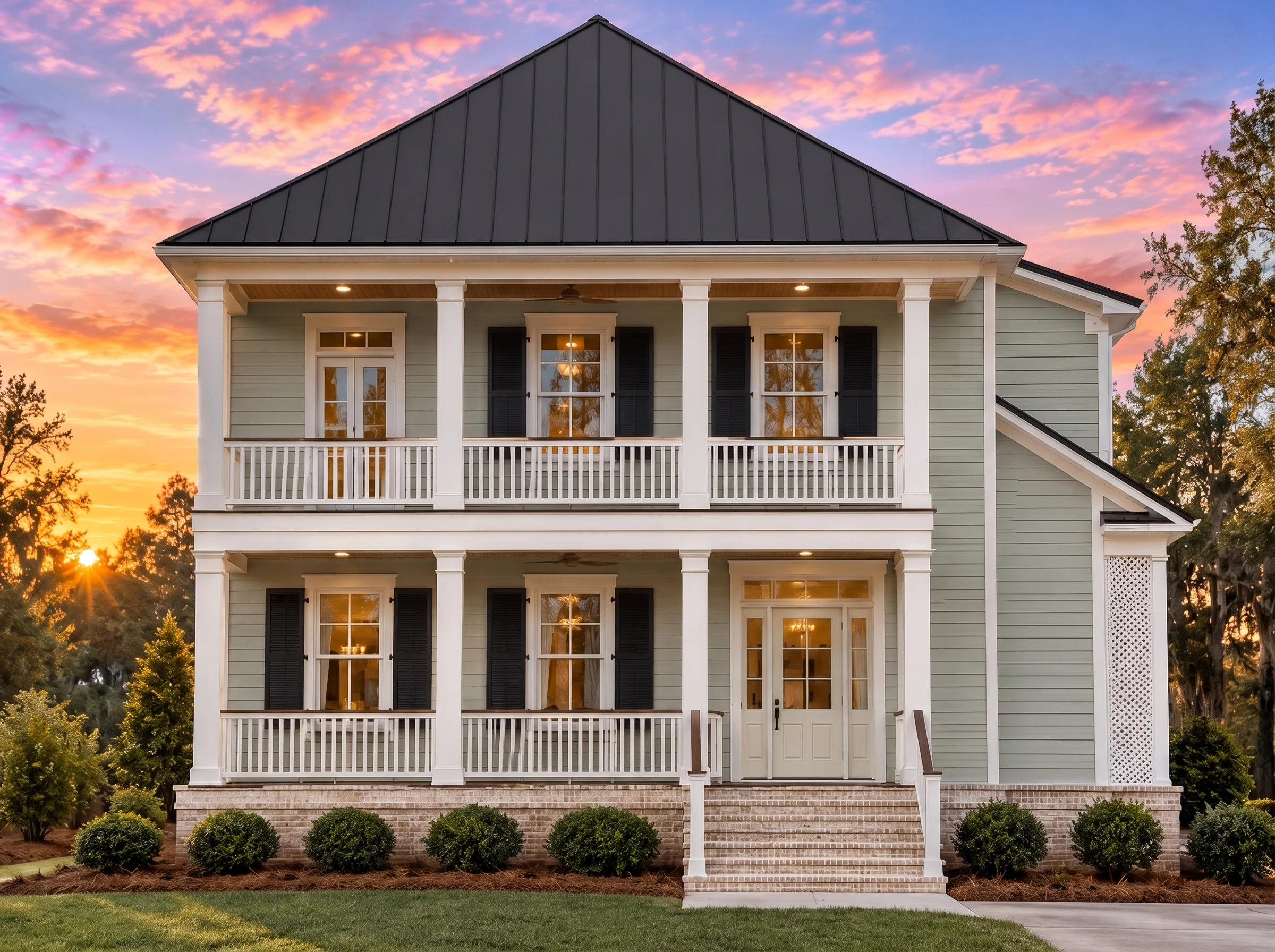 Plan  12-1099 – Walnut Brook Retreat  | Colonial – 3-Bed, 4-Bath, 2,740 SF - Muted Sage, AI-generated exterior concept