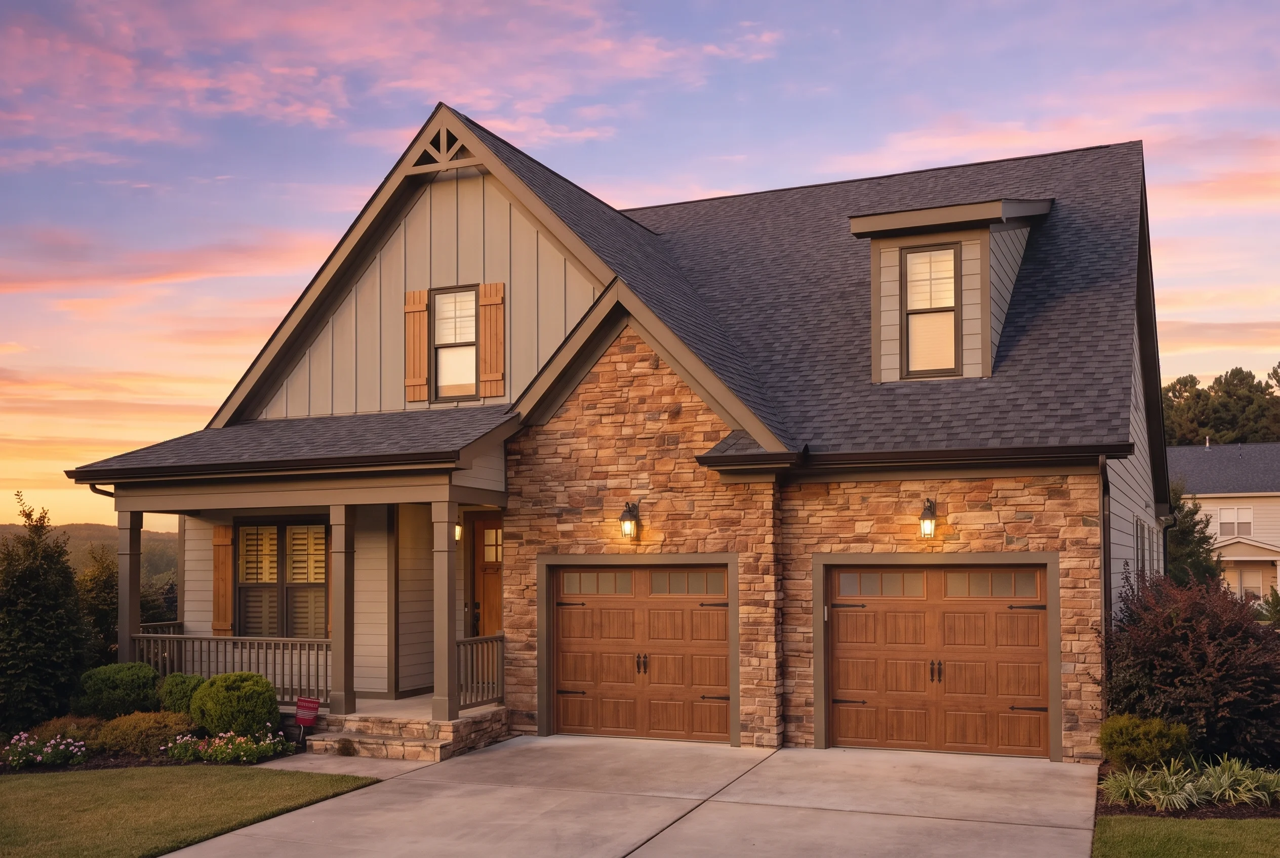 Plan  12-2073 – Trail House | Modern  Farmhouse – 3-Bed, 2.5-Bath, 2,102 SF - Mushroom Taupe, AI-generated exterior concept