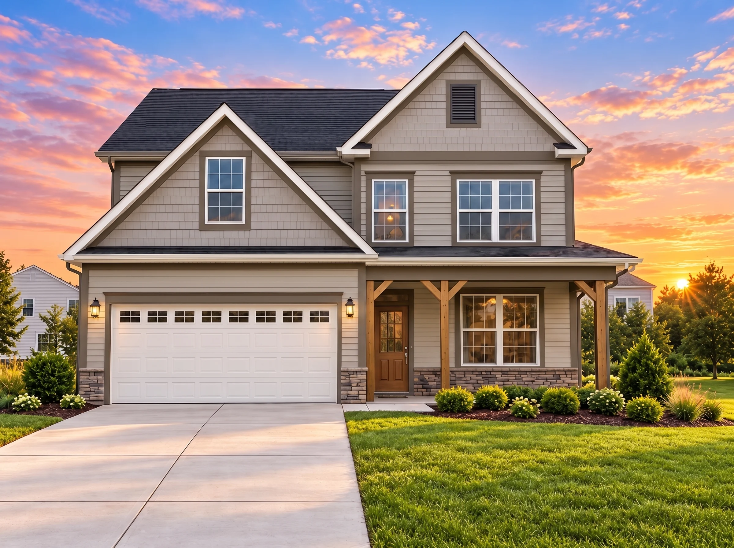 Plan  12-2050 – Louisiana Ridge |  Traditional – 4-Bed, 2.5-Bath, 2,911 SF - Mushroom Taupe, AI-generated exterior concept