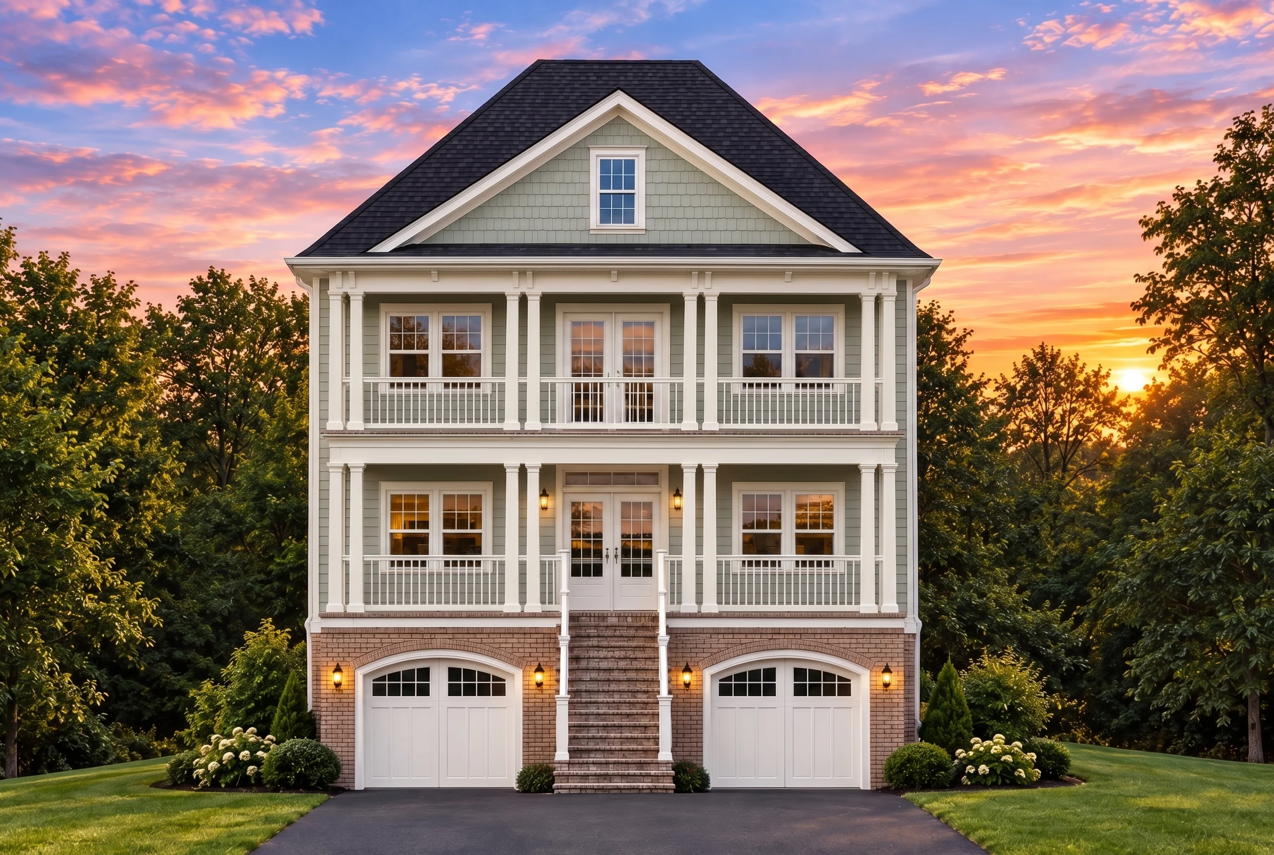 Plan  12-2102 – Linden Run Manor |  Charleston – 3-Bed, 2-Bath, 3,174 SF - Muted Sage, AI-generated exterior concept