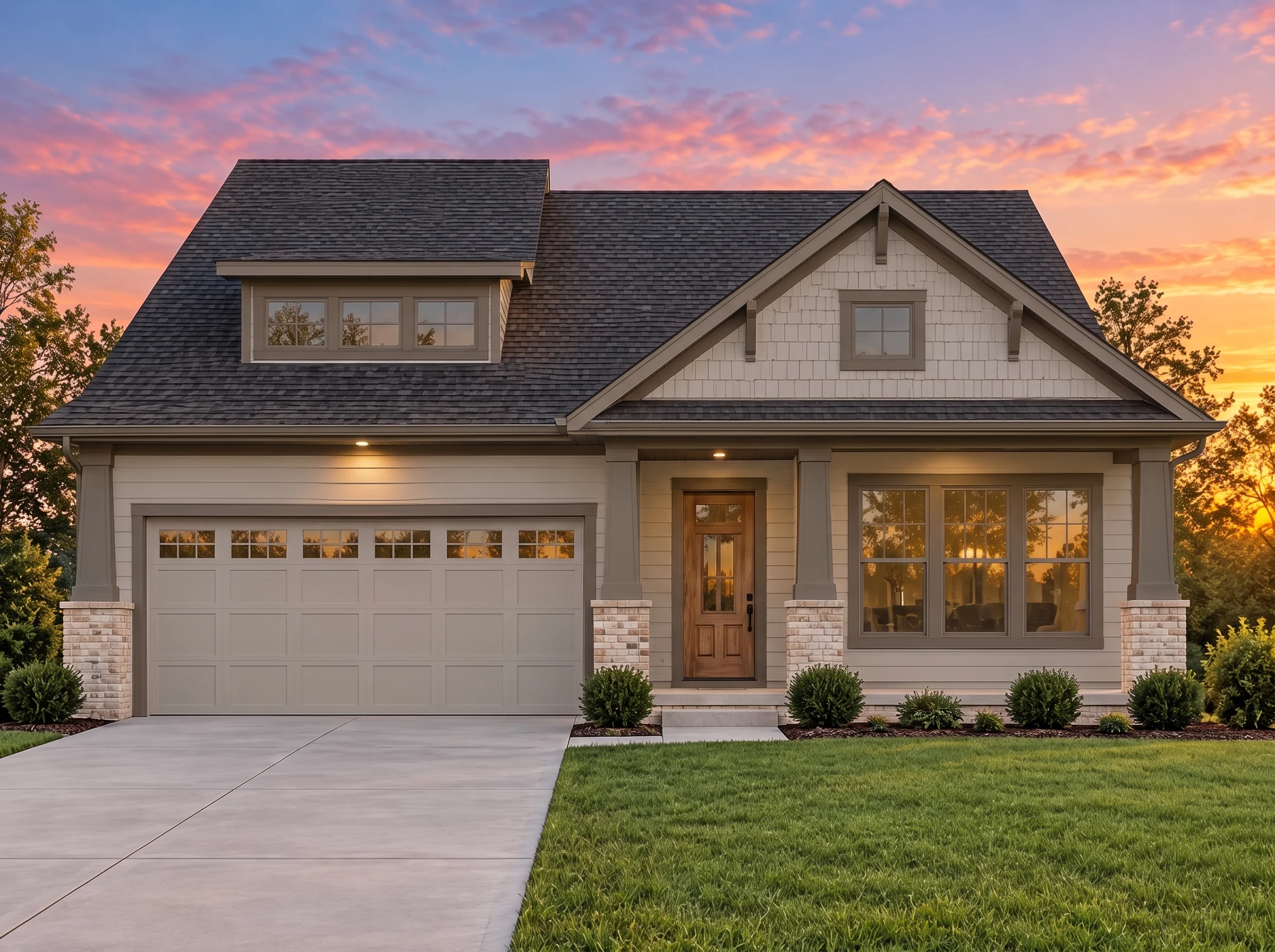 Plan  12-2145 – Sycamore Valley |  Tudor Revival – 3-4-Bed, 2-3-Bath, 2,184 SF - Mushroom Taupe, AI-generated exterior concept