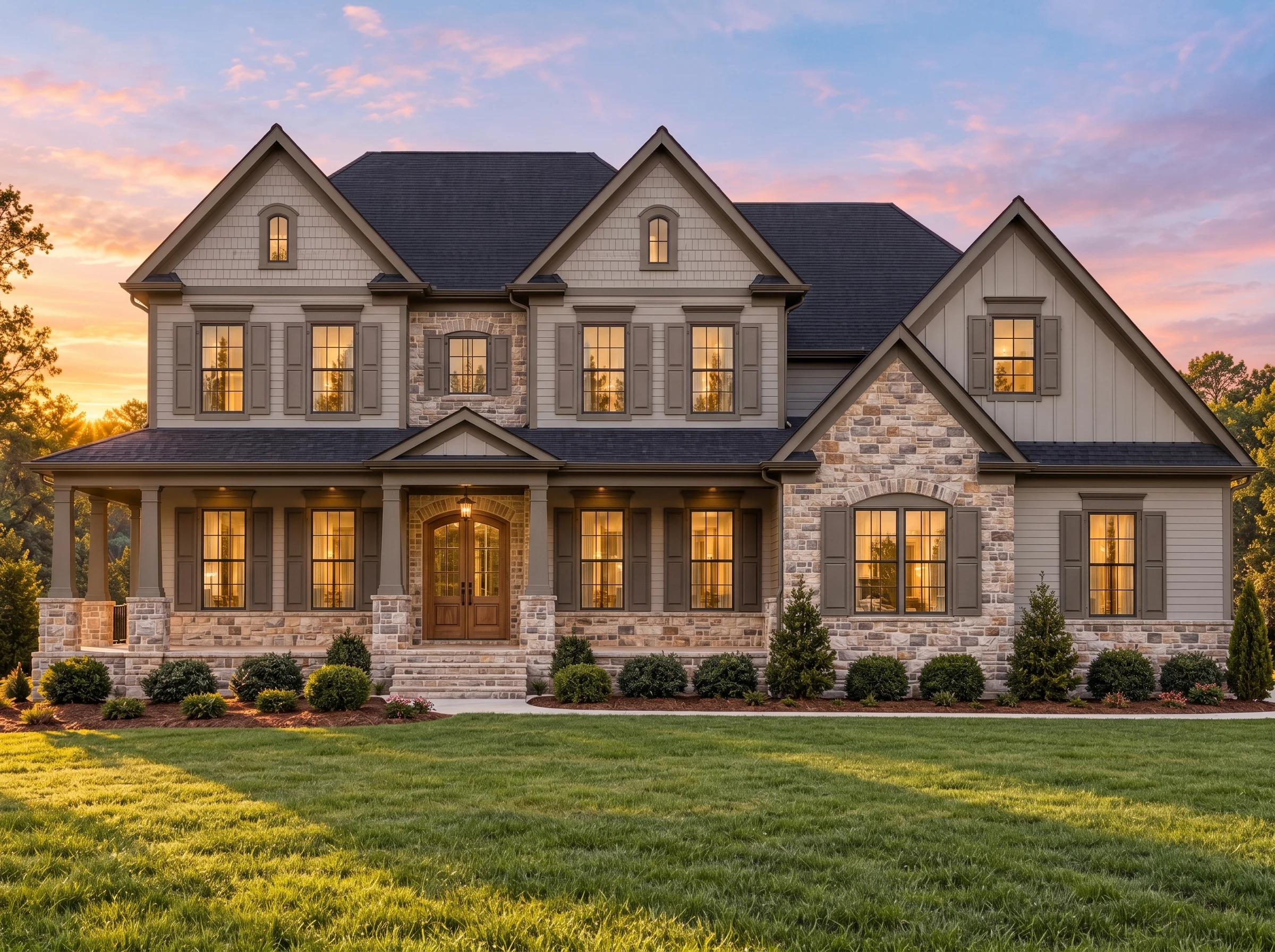 Plan  12-2171 – Oak Glen Manor |  Traditional Colonial – 4-Bed, 5-Bath, 4,113 SF - Mushroom Taupe, AI-generated exterior concept
