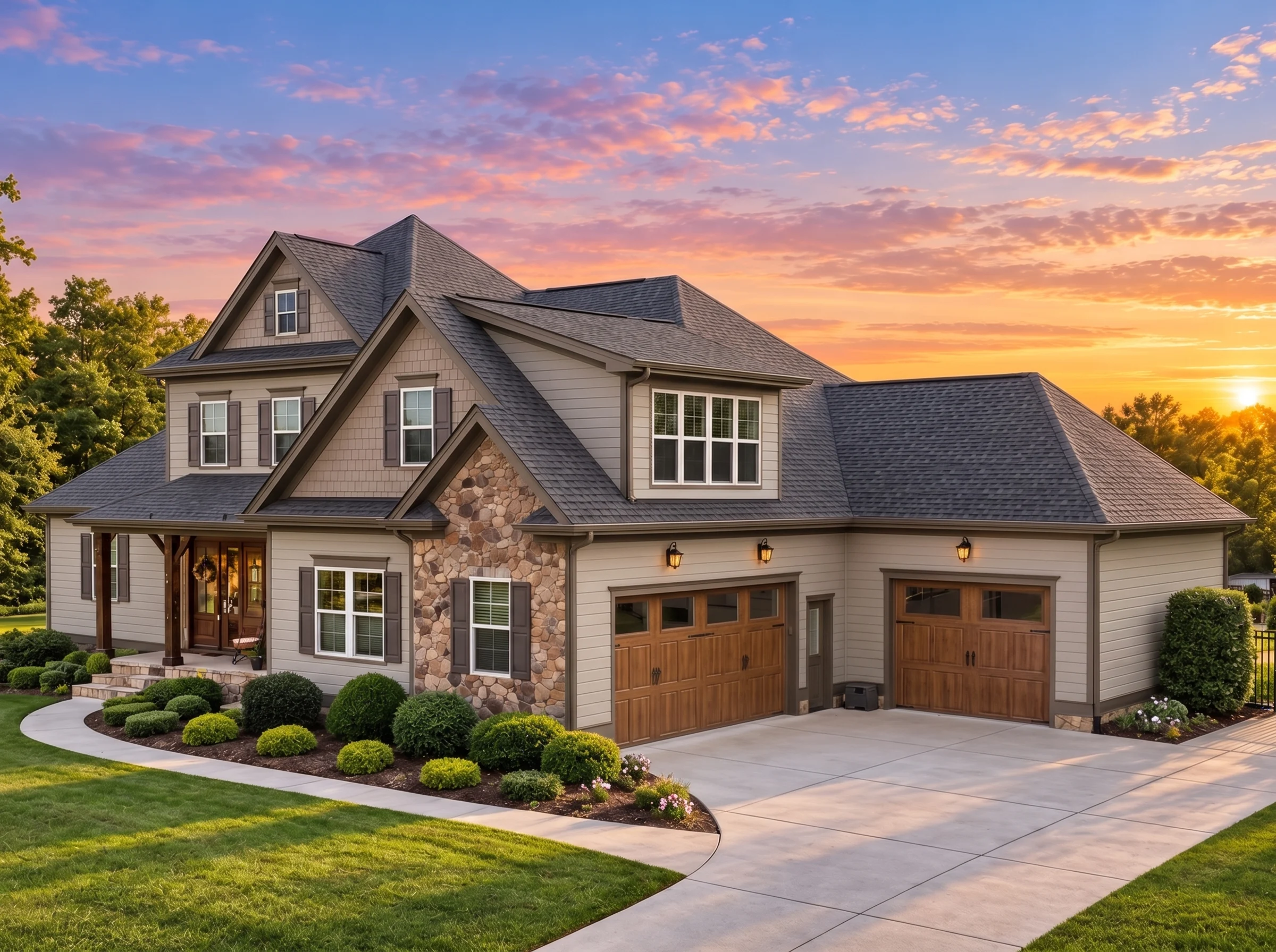 Plan  12-2175 – Auburn Springs Residence | New American – 4-Bed, 3.5-Bath, 3,792 SF - Mushroom Taupe, AI-generated exterior concept