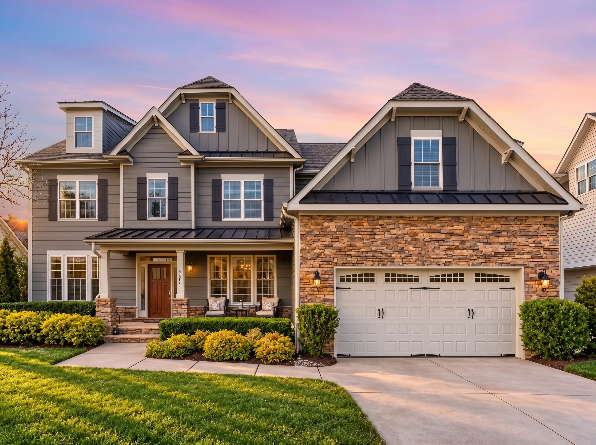 Plan  12-2213 – Dakota Prairie | New  American – 5-Bed, 4-Bath, 2,815 SF - Warm Charcoal, AI-generated exterior concept
