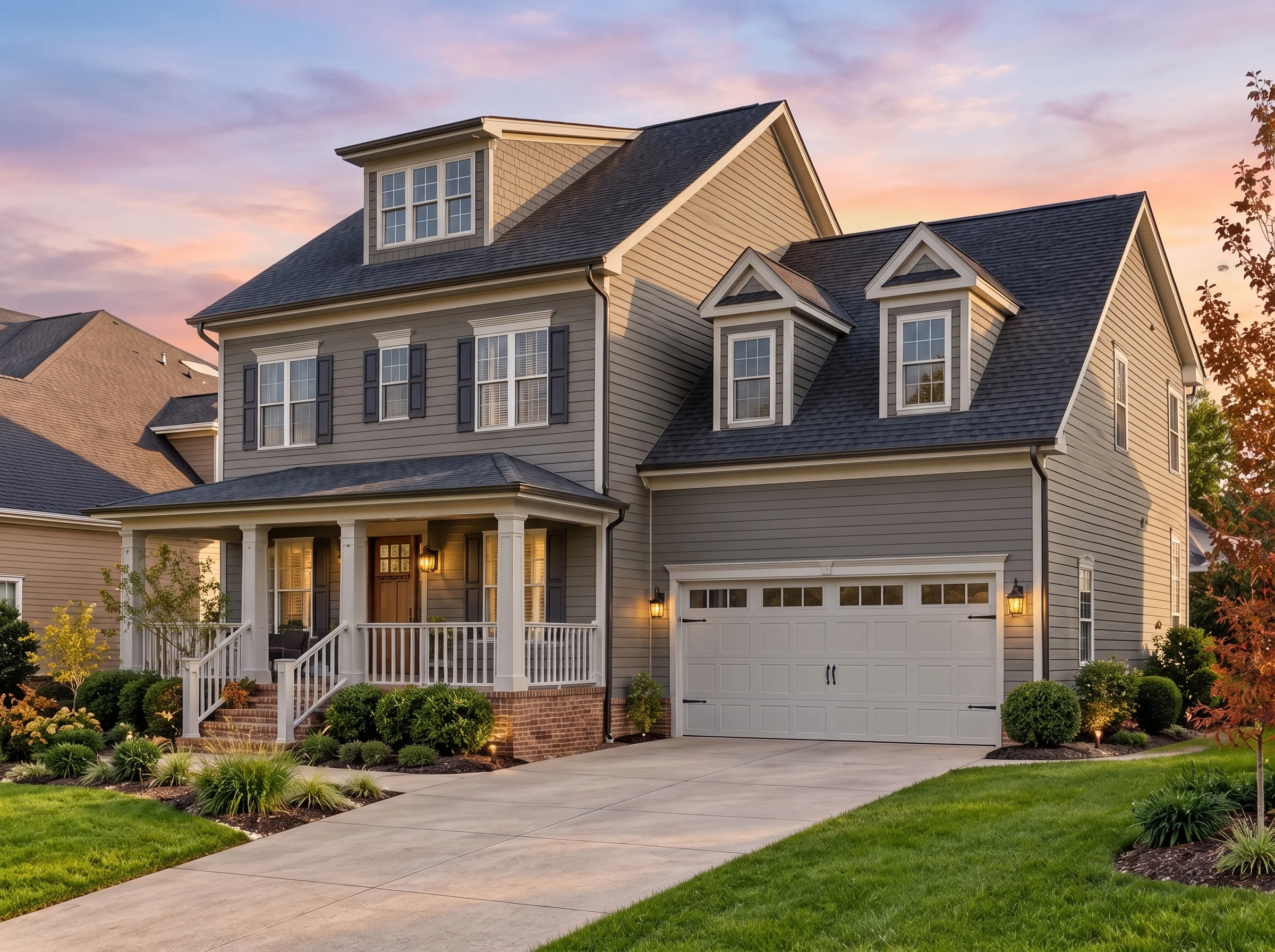 Plan  12-2221 – Birch Run Chalet |  Modern Farmhouse – 4-Bed, 3.5-Bath, 2,090 SF - Warm Charcoal, AI-generated exterior concept