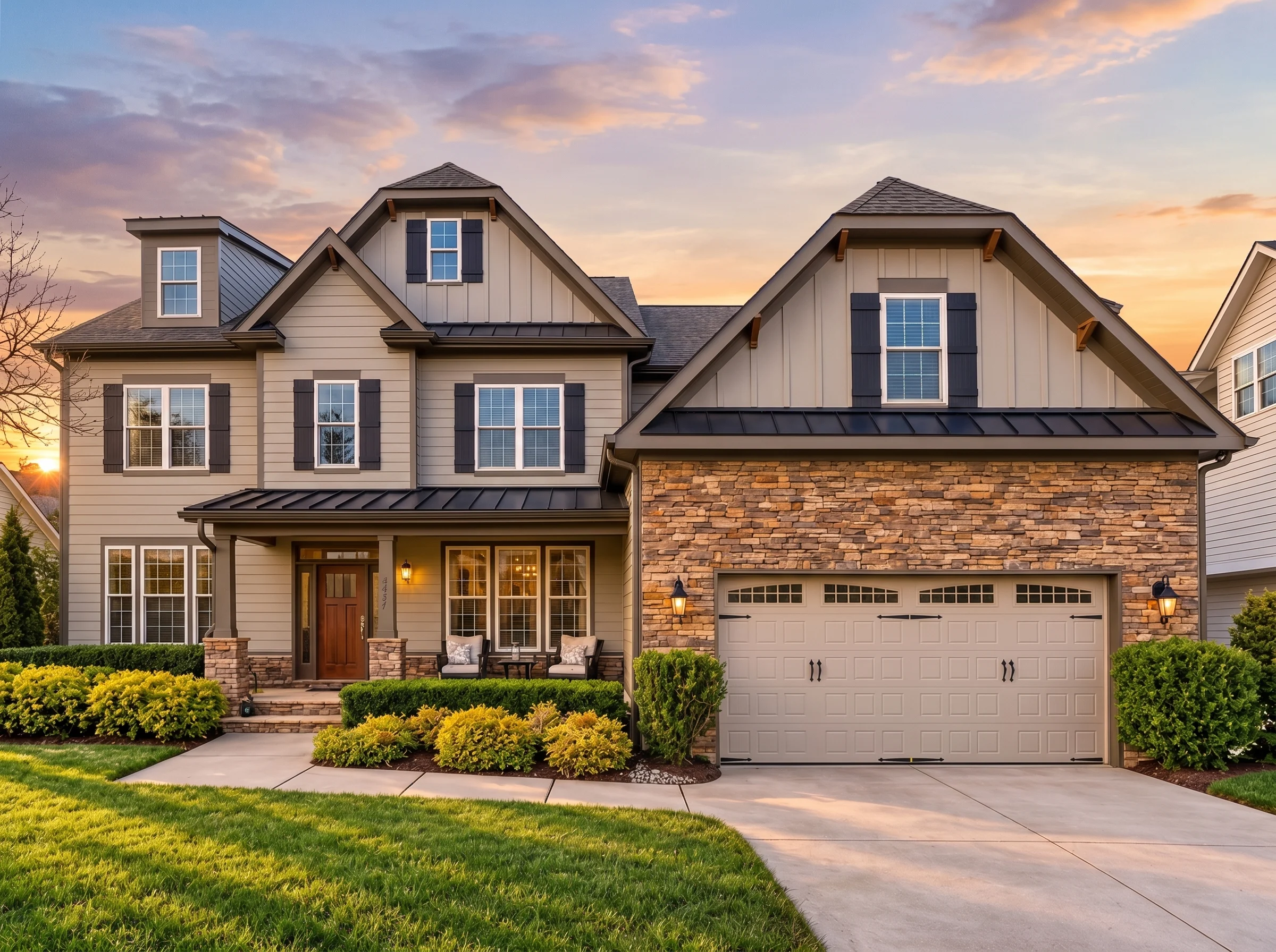 Plan  12-2213 – Dakota Prairie | New  American – 5-Bed, 4-Bath, 2,815 SF - Mushroom Taupe, AI-generated exterior concept