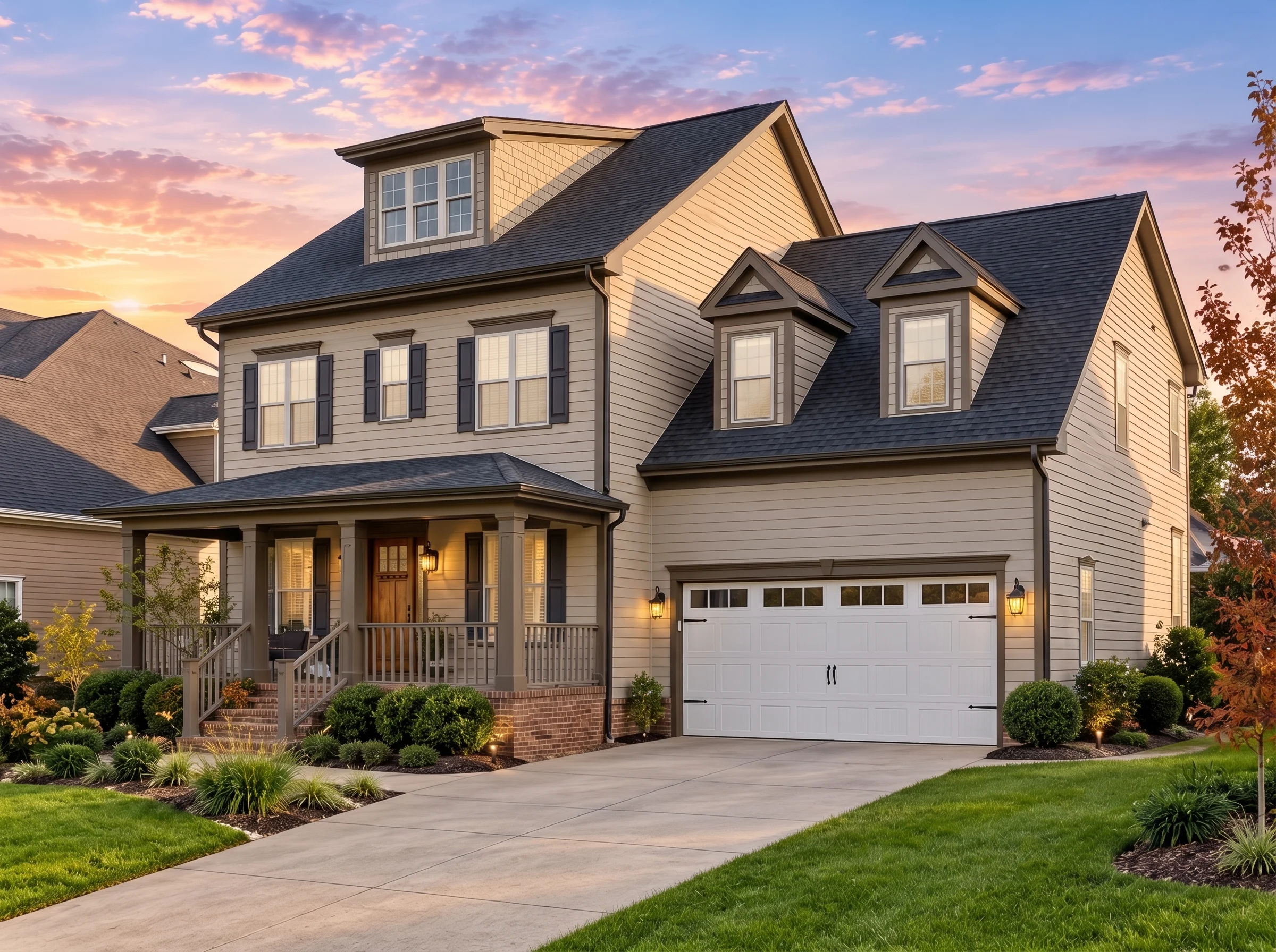 Plan  12-2221 – Birch Run Chalet |  Modern Farmhouse – 4-Bed, 3.5-Bath, 2,090 SF - Mushroom Taupe, AI-generated exterior concept