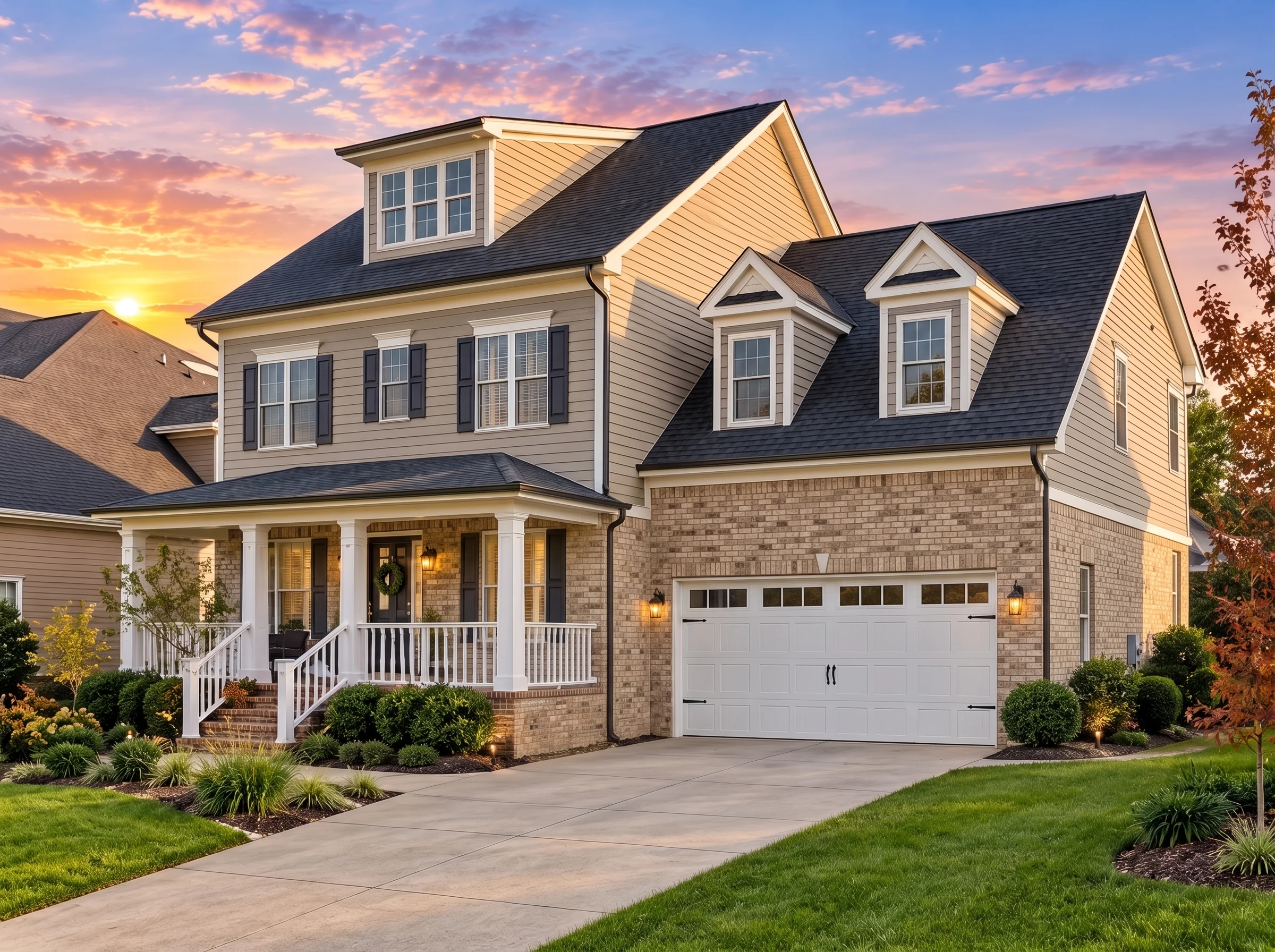 Plan  12-2221 – Birch Run Chalet |  Modern Farmhouse – 4-Bed, 3.5-Bath, 2,090 SF - Natural Brick, AI-generated exterior concept