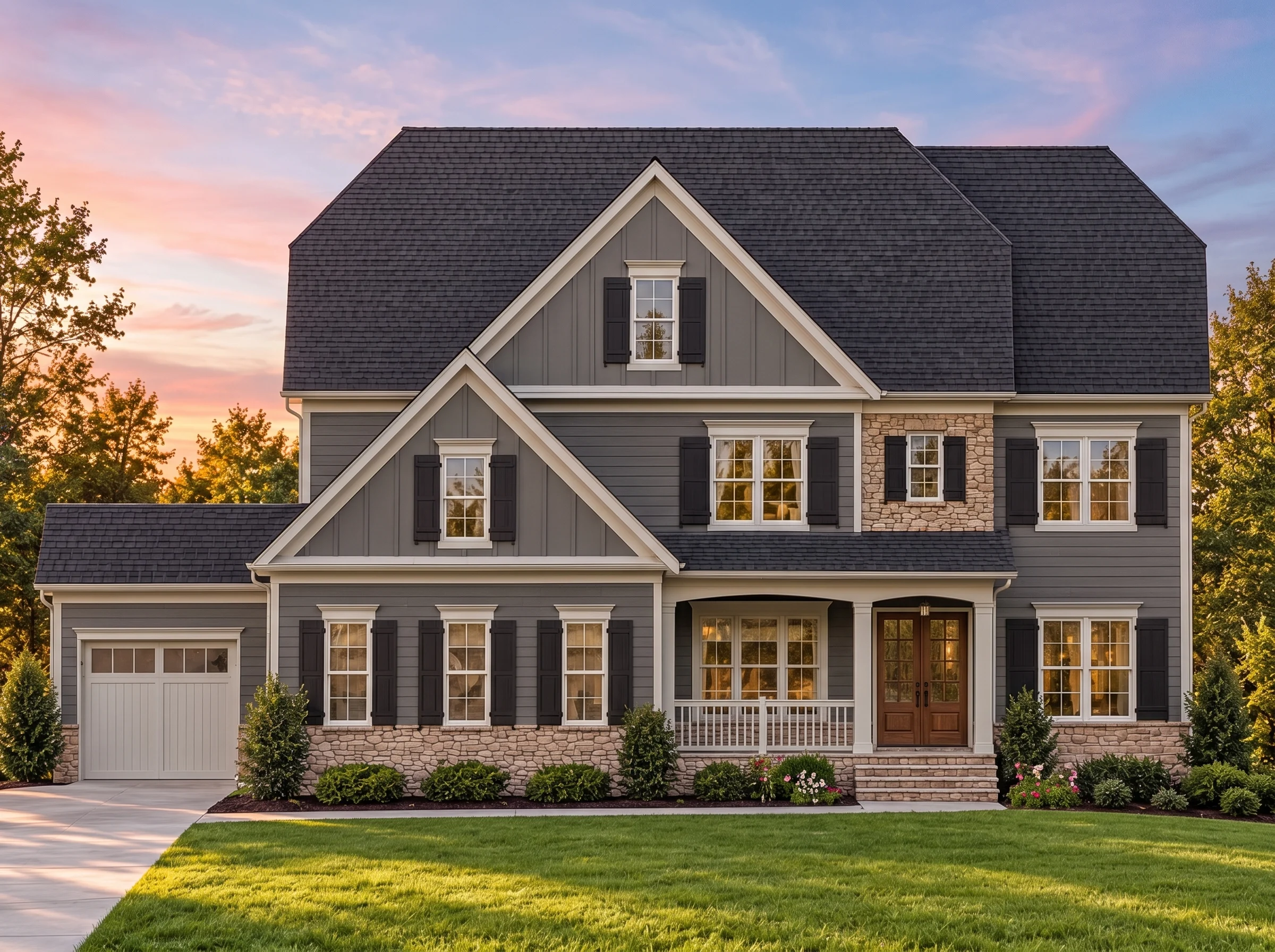 Plan  12-2224 – Aster Woods Manor |  New American – 4-Bed, 3.5-Bath, 3,620 SF - Warm Charcoal, AI-generated exterior concept