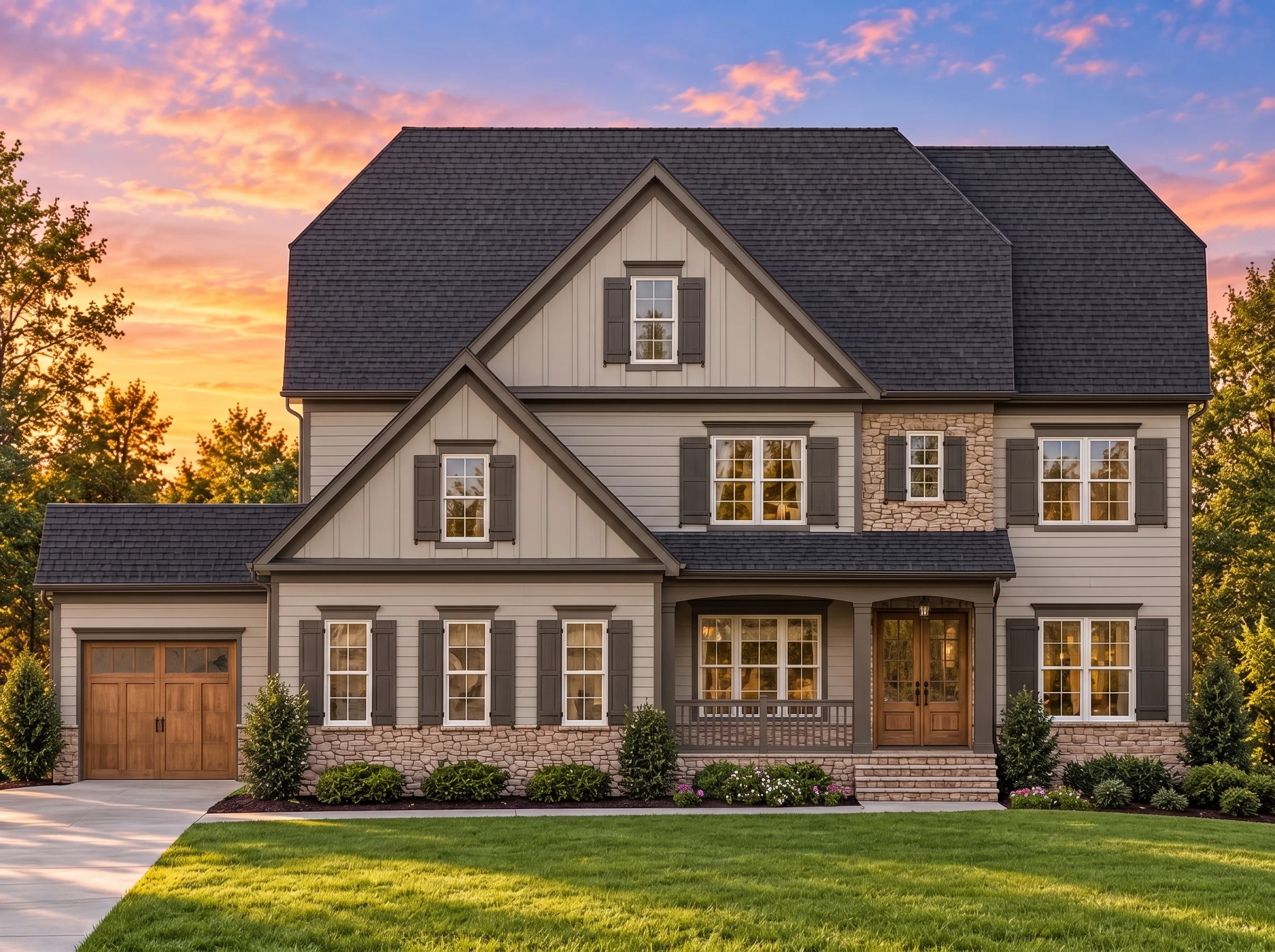 Plan  12-2224 – Aster Woods Manor |  New American – 4-Bed, 3.5-Bath, 3,620 SF - Mushroom Taupe, AI-generated exterior concept