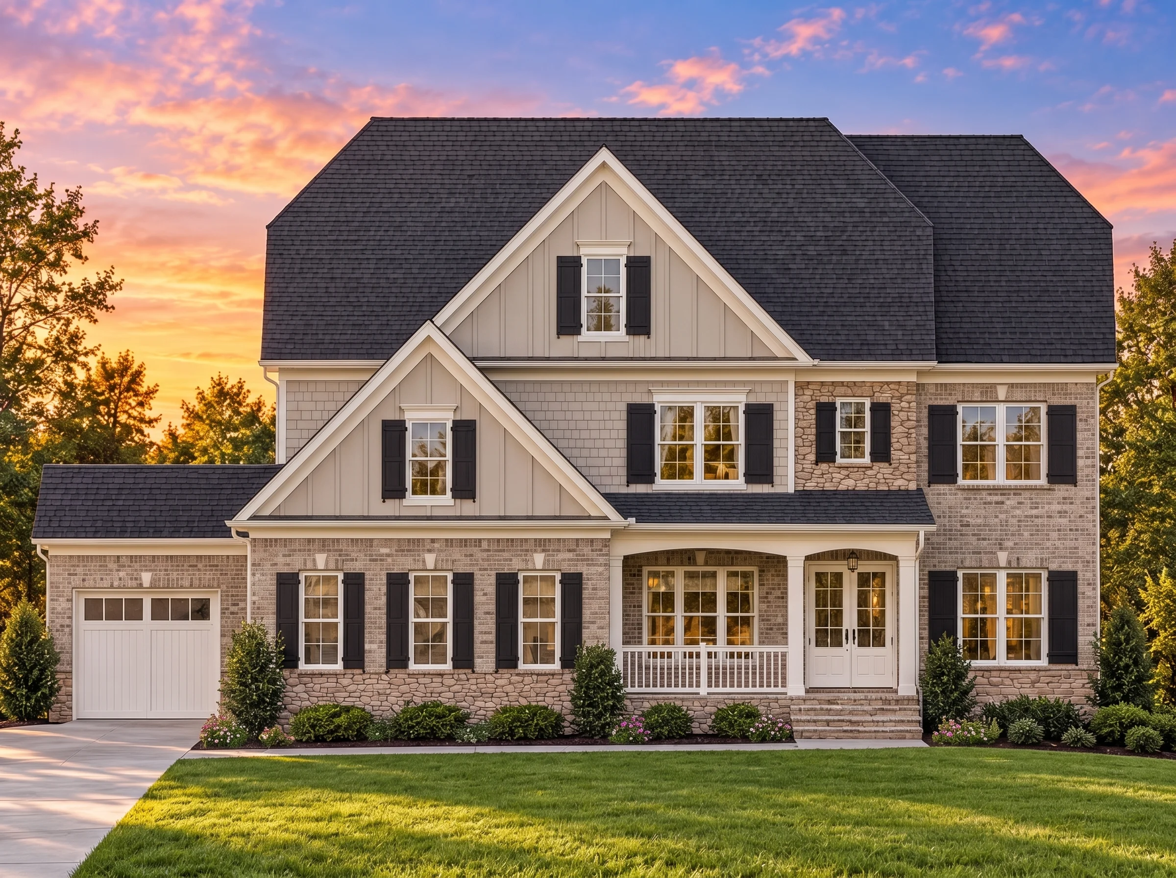 Plan  12-2224 – Aster Woods Manor |  New American – 4-Bed, 3.5-Bath, 3,620 SF - Natural Brick, AI-generated exterior concept