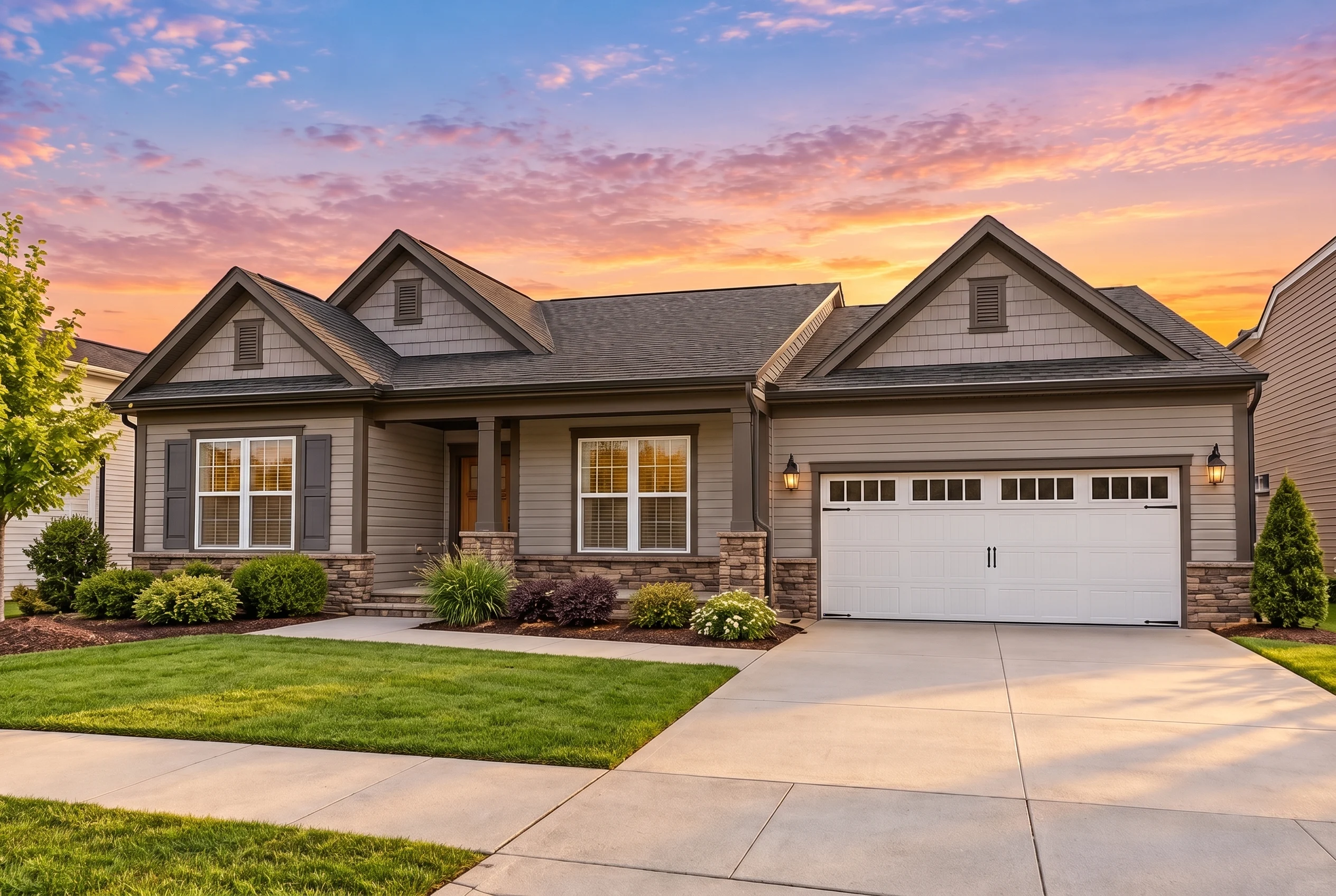 Plan  12-2231 – Auburn Grove Haven |  RESERVE-Cape Cod – 3-Bed, 2.5-Bath, 2,184 SF - Mushroom Taupe, AI-generated exterior concept