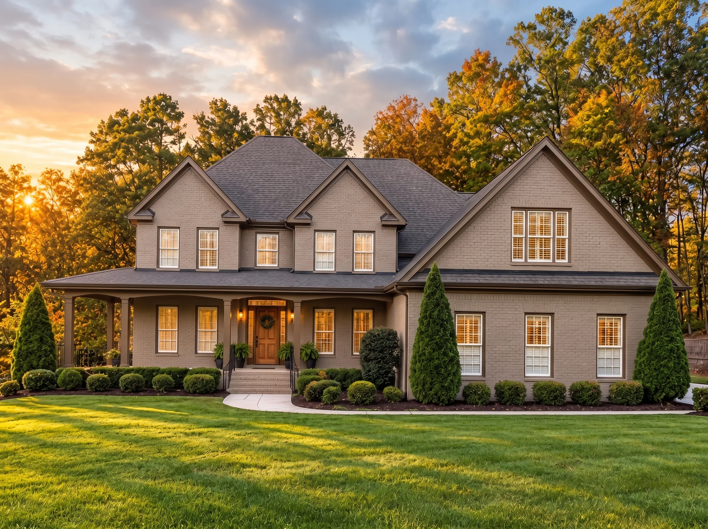 Plan  12-2172 – Blossom House |  Traditional Colonial – 5-Bed, 4-Bath, 3,845 SF - Mushroom Taupe, AI-generated exterior concept