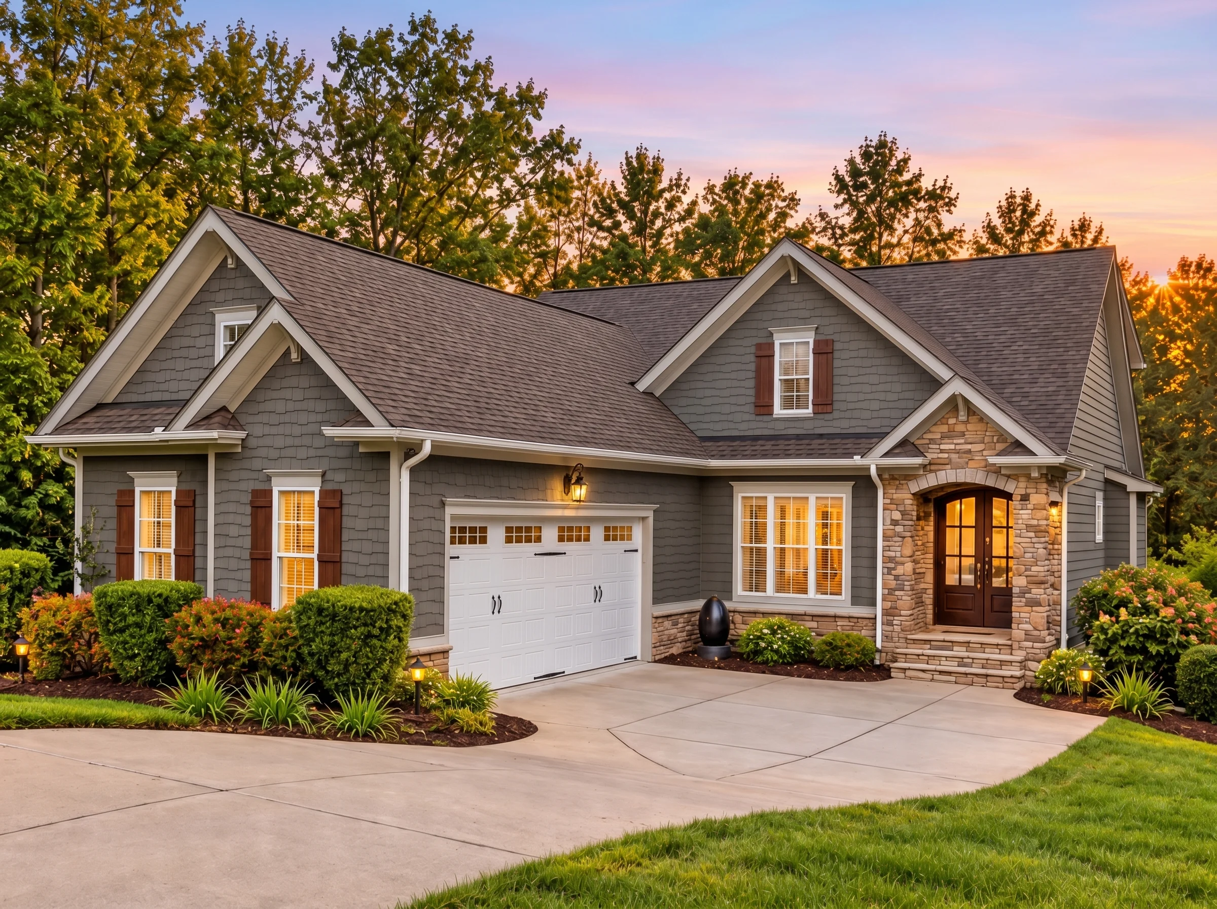 Plan  12-2295 – Ivy Grove Manor |  New American – 4-Bed, 3.5-Bath, 2,330 SF - Warm Charcoal, AI-generated exterior concept