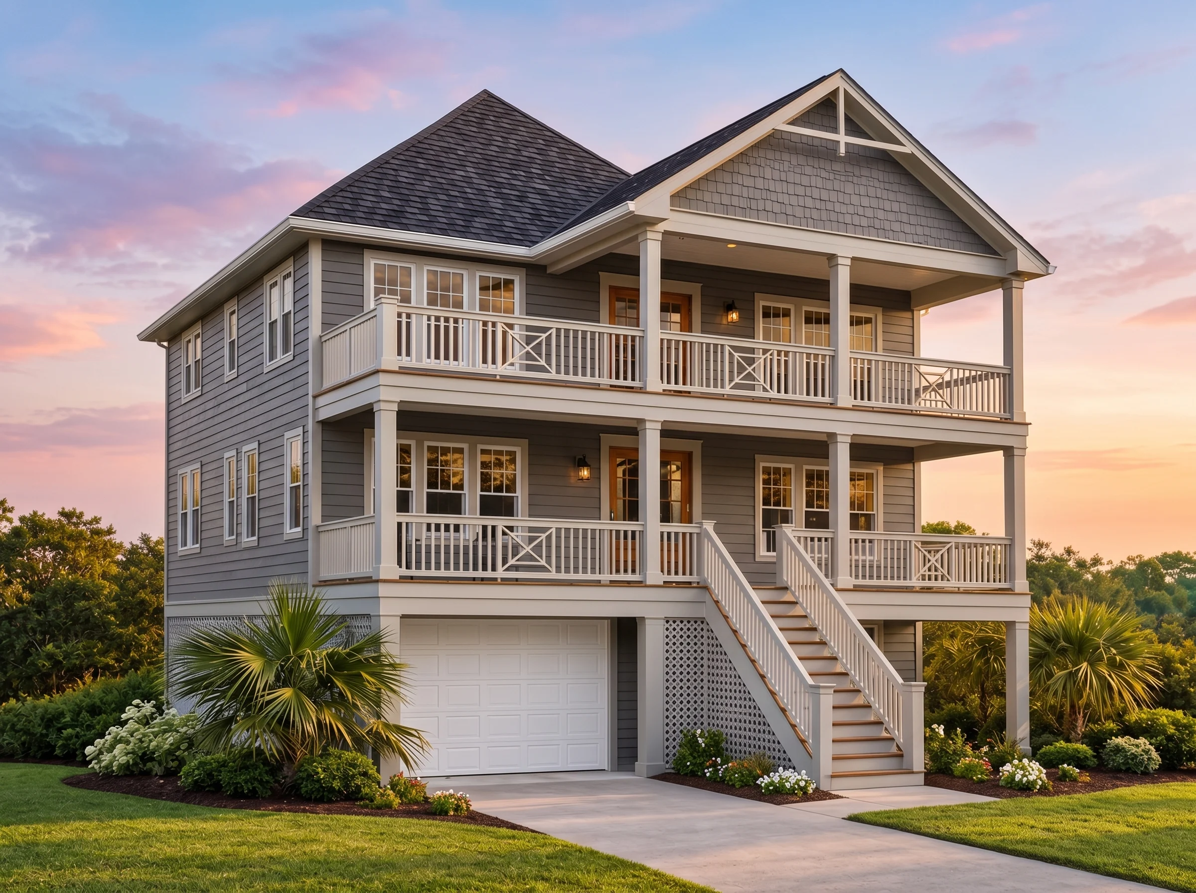 Plan  12-2298 – Honor Manor |  Coastal Beach – 4-Bed, 3-Bath, 2,716 SF - Warm Charcoal, AI-generated exterior concept