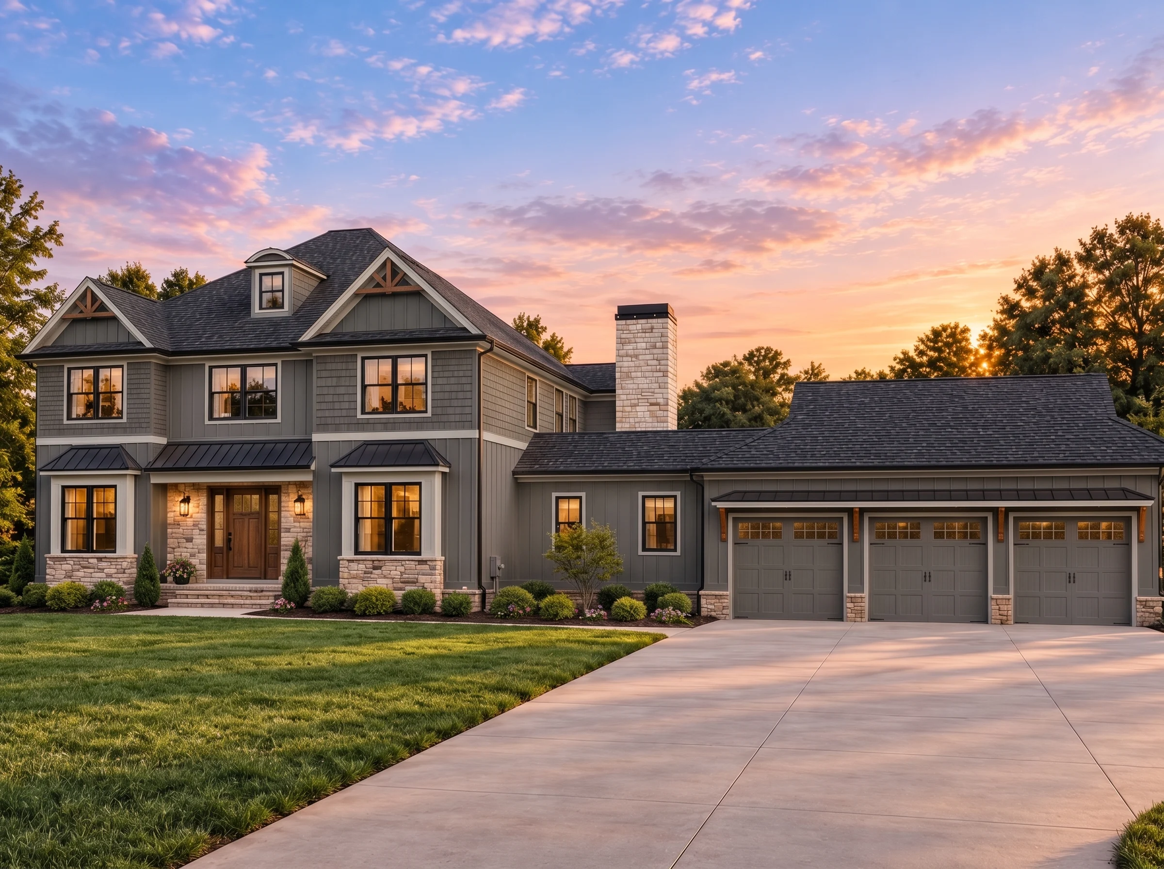 Plan  12-2299 – Aster Woods Homestead  | Traditional Colonial – 6-Bed, 3.5-Bath, 8,185 SF - Warm Charcoal, AI-generated exterior concept