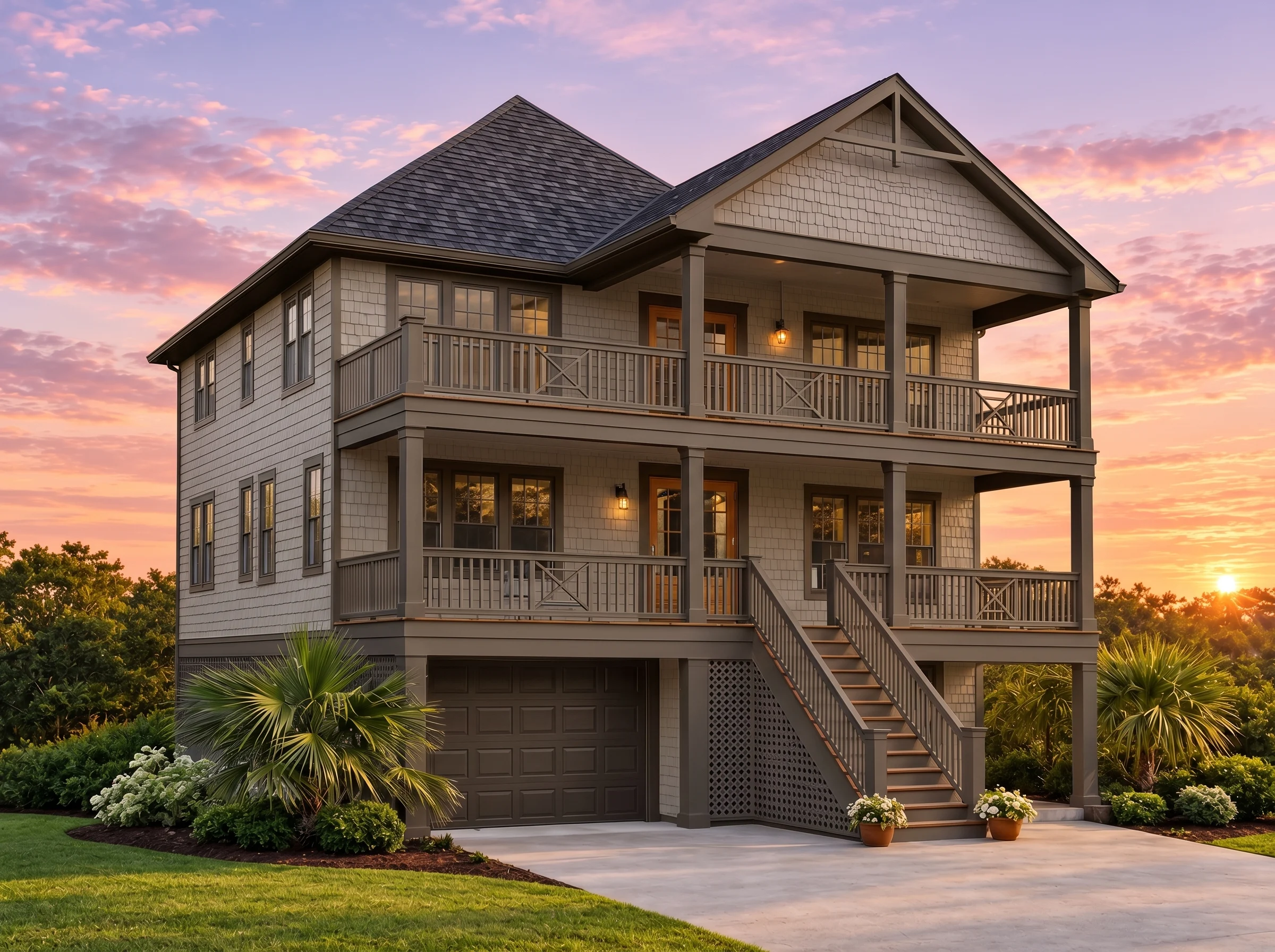 Plan  12-2298 – Honor Manor |  Coastal Beach – 4-Bed, 3-Bath, 2,716 SF - Mushroom Taupe, AI-generated exterior concept