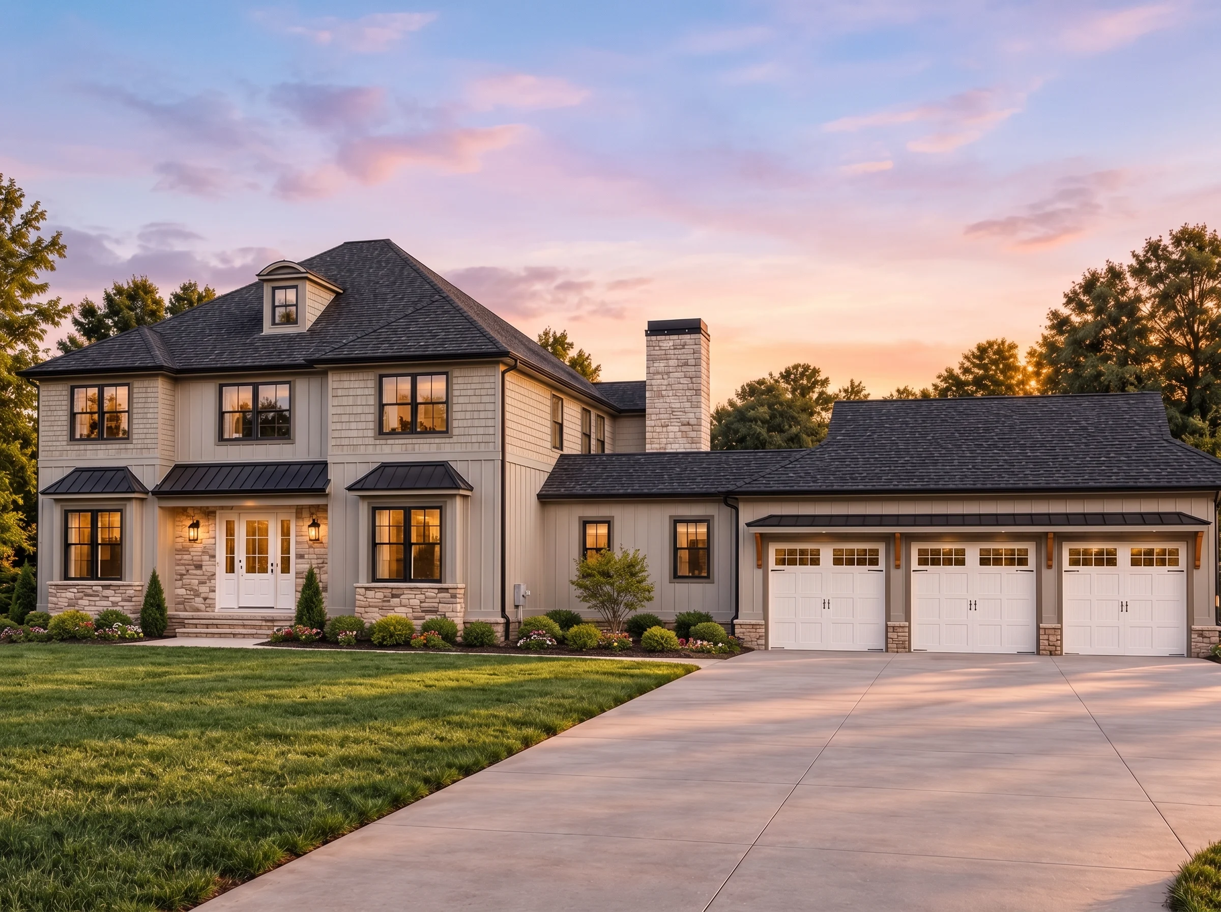 Plan  12-2299 – Aster Woods Homestead  | Traditional Colonial – 6-Bed, 3.5-Bath, 8,185 SF - Mushroom Taupe, AI-generated exterior concept