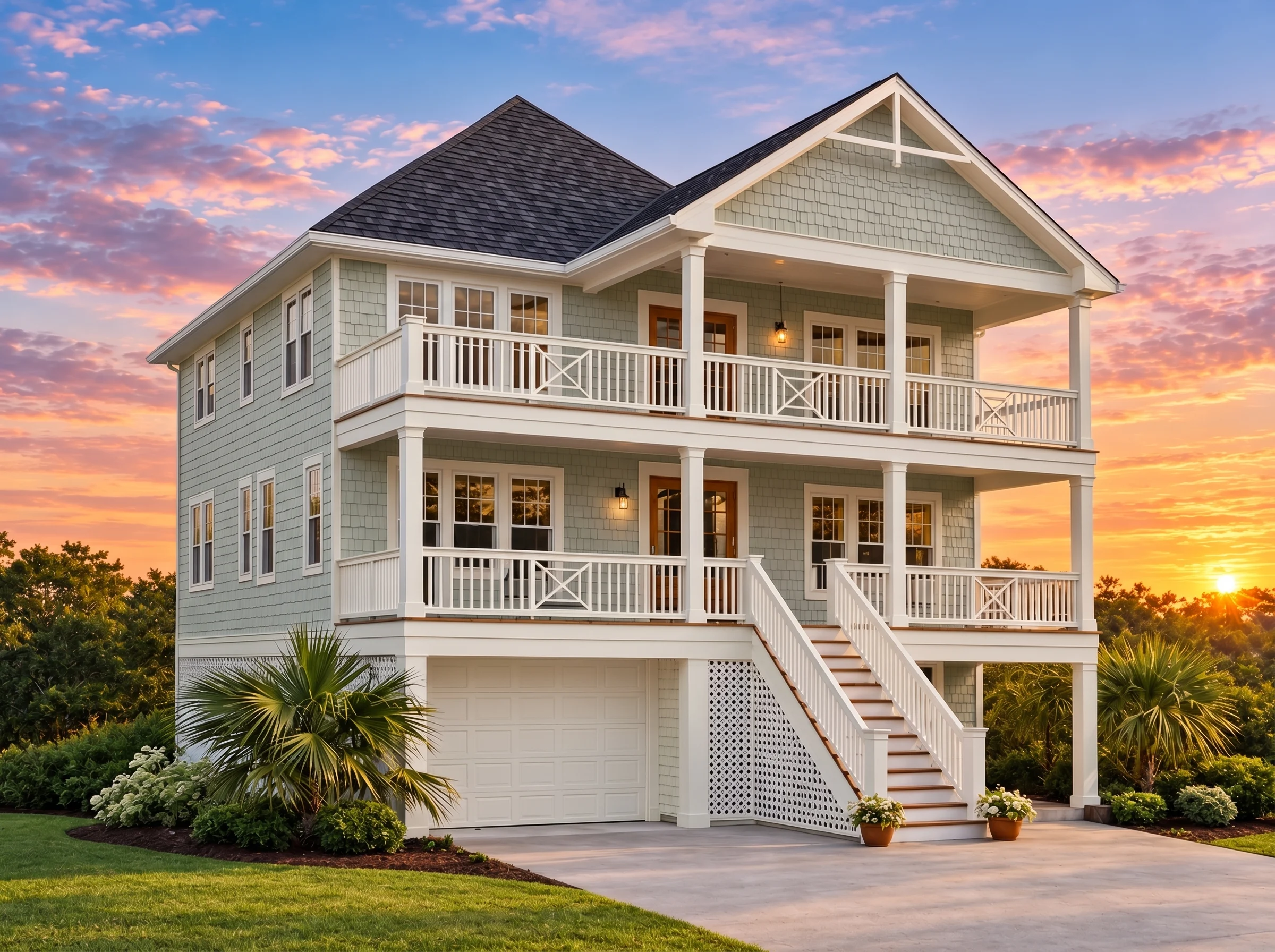 Plan  12-2298 – Honor Manor |  Coastal Beach – 4-Bed, 3-Bath, 2,716 SF - Muted Sage, AI-generated exterior concept