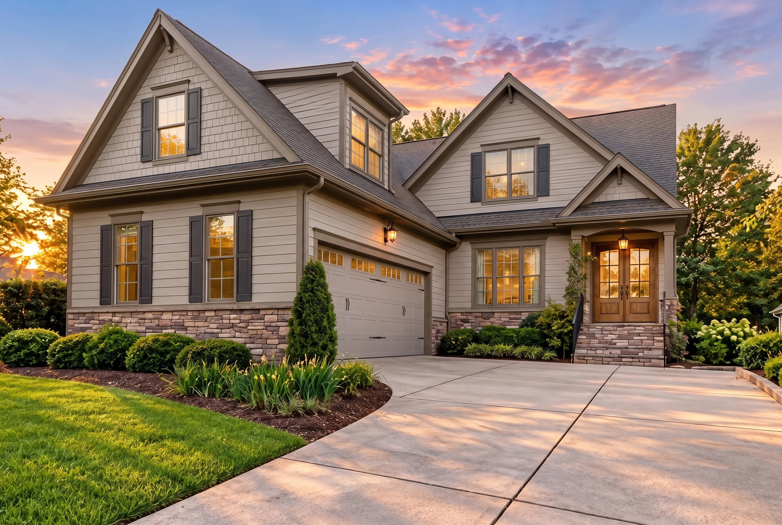 Plan  12-2296 – Rainier Retreat |  Transitional Farmhouse – 3-Bed, 2.5-Bath, 2,219 SF - Mushroom Taupe, AI-generated exterior concept